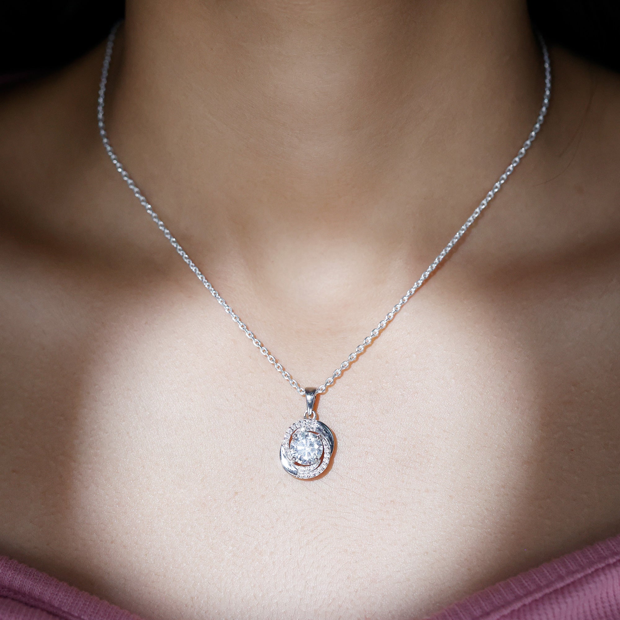 Certified 2 Ct Moissanite Swirl Necklace with Silver Chain D-VS1 92.5 Sterling Silver - Rosec Jewels