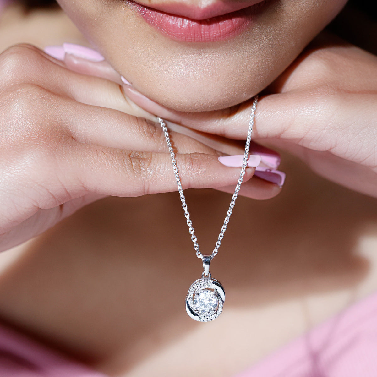 Certified 2 Ct Moissanite Swirl Necklace with Silver Chain D-VS1 92.5 Sterling Silver - Rosec Jewels