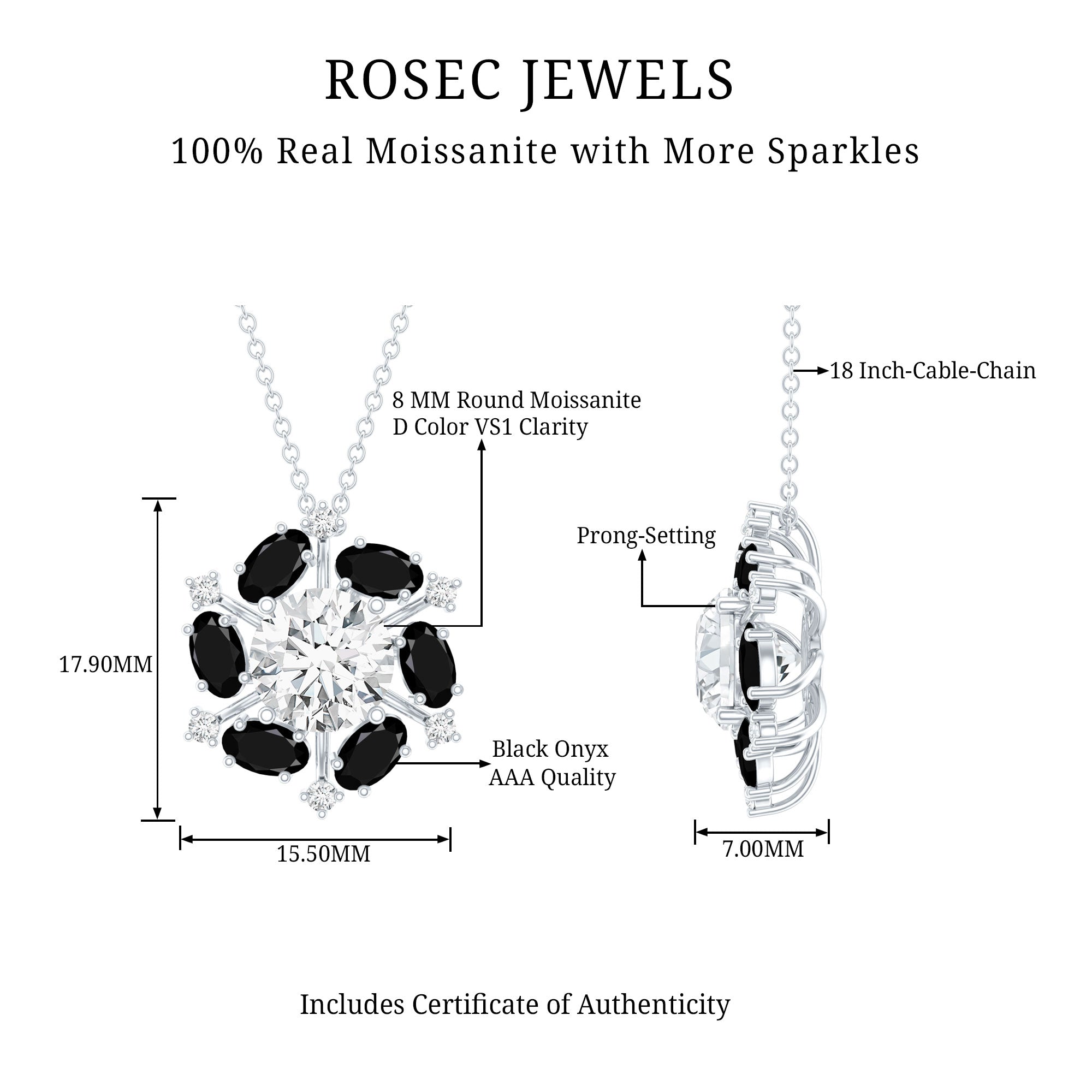 Certified 2 Carat Moissanite Statement Necklace with Black Onyx AAA 92.5 Sterling Silver - Rosec Jewels