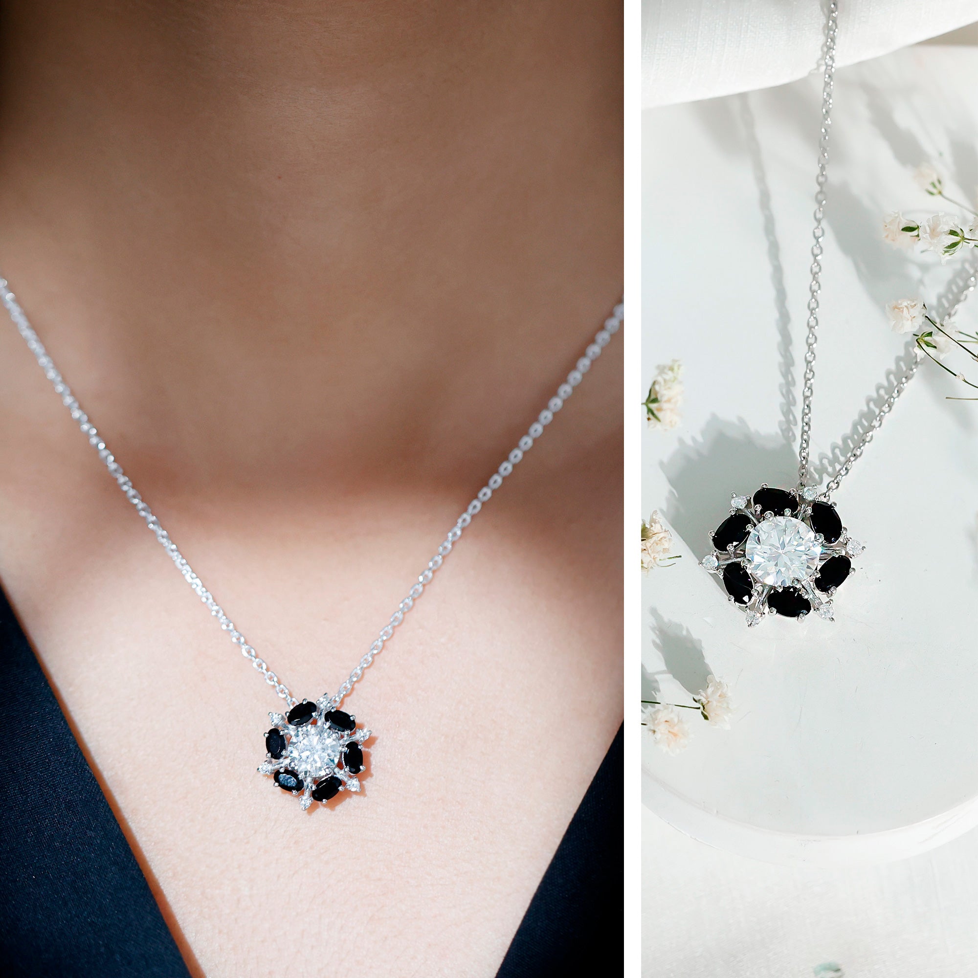 Certified 2 Carat Moissanite Statement Necklace with Black Onyx AAA 92.5 Sterling Silver - Rosec Jewels