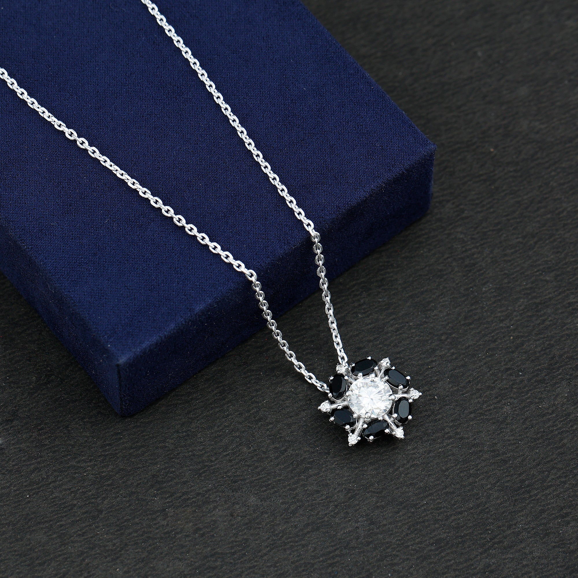 Certified 2 Carat Moissanite Statement Necklace with Black Onyx AAA 92.5 Sterling Silver - Rosec Jewels