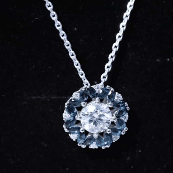 2 Carat Moissanite Statement Necklace with London Blue Topaz Halo D-VS1 92.5 Sterling Silver - Rosec Jewels