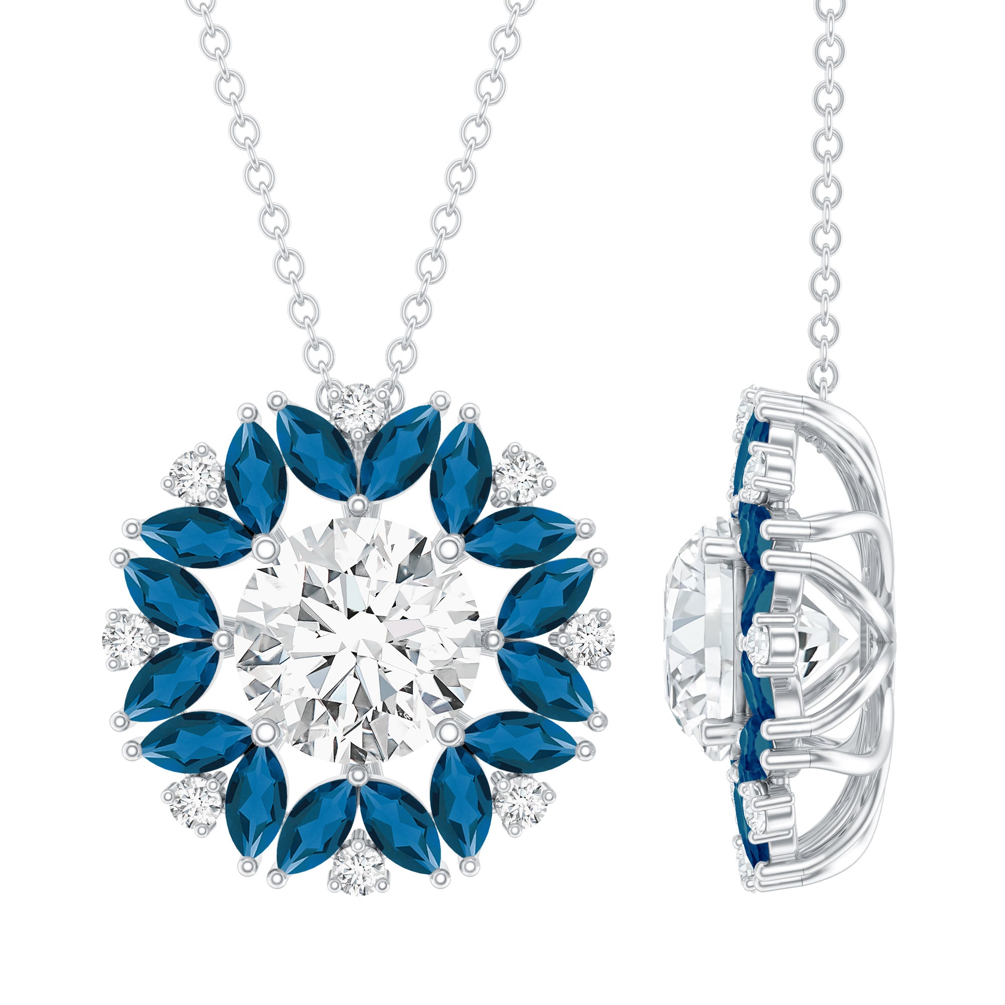 2 Carat Moissanite Statement Necklace with London Blue Topaz Halo D-VS1 92.5 Sterling Silver - Rosec Jewels