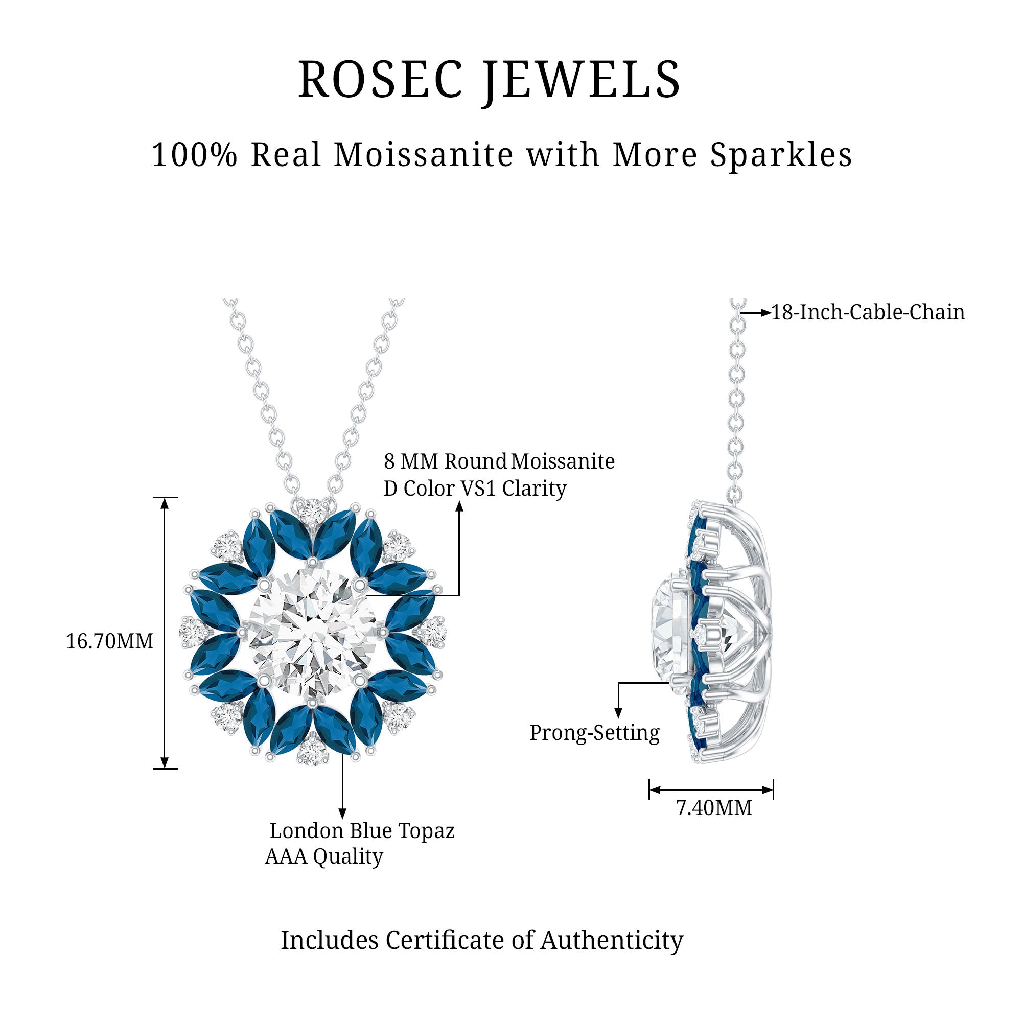 2 Carat Moissanite Statement Necklace with London Blue Topaz Halo D-VS1 92.5 Sterling Silver - Rosec Jewels