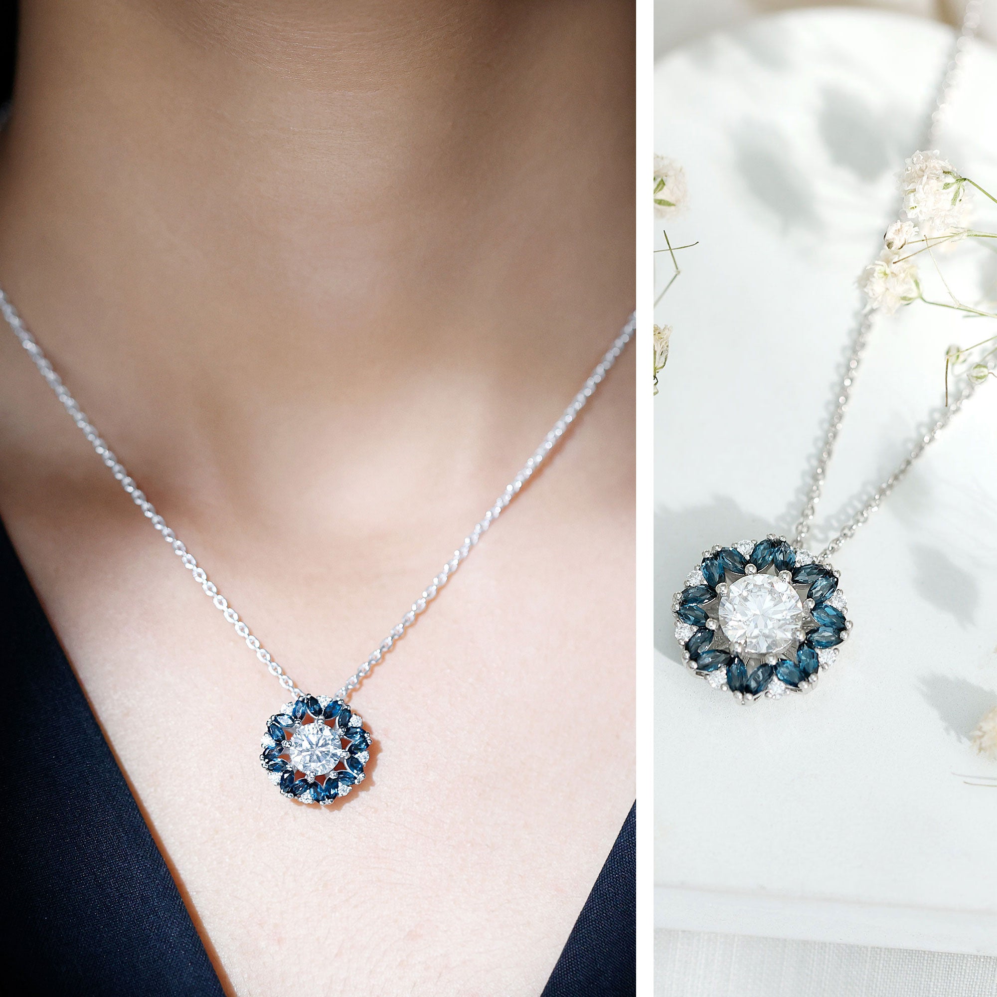 2 Carat Moissanite Statement Necklace with London Blue Topaz Halo D-VS1 92.5 Sterling Silver - Rosec Jewels