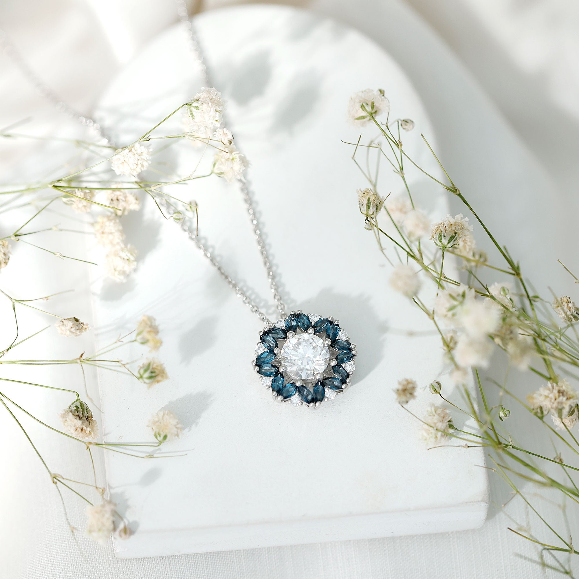 2 Carat Moissanite Statement Necklace with London Blue Topaz Halo D-VS1 92.5 Sterling Silver - Rosec Jewels