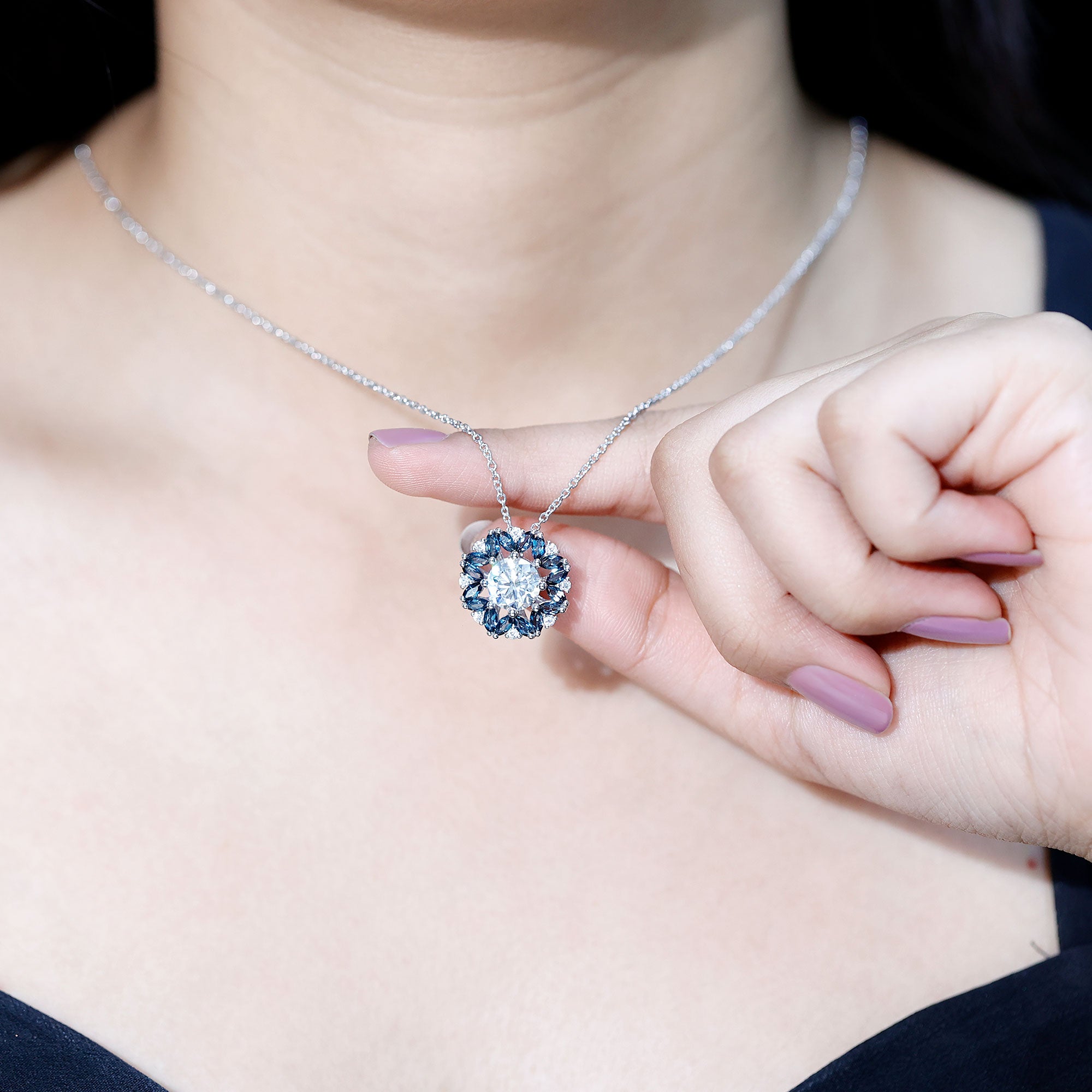 2 Carat Moissanite Statement Necklace with London Blue Topaz Halo D-VS1 92.5 Sterling Silver - Rosec Jewels