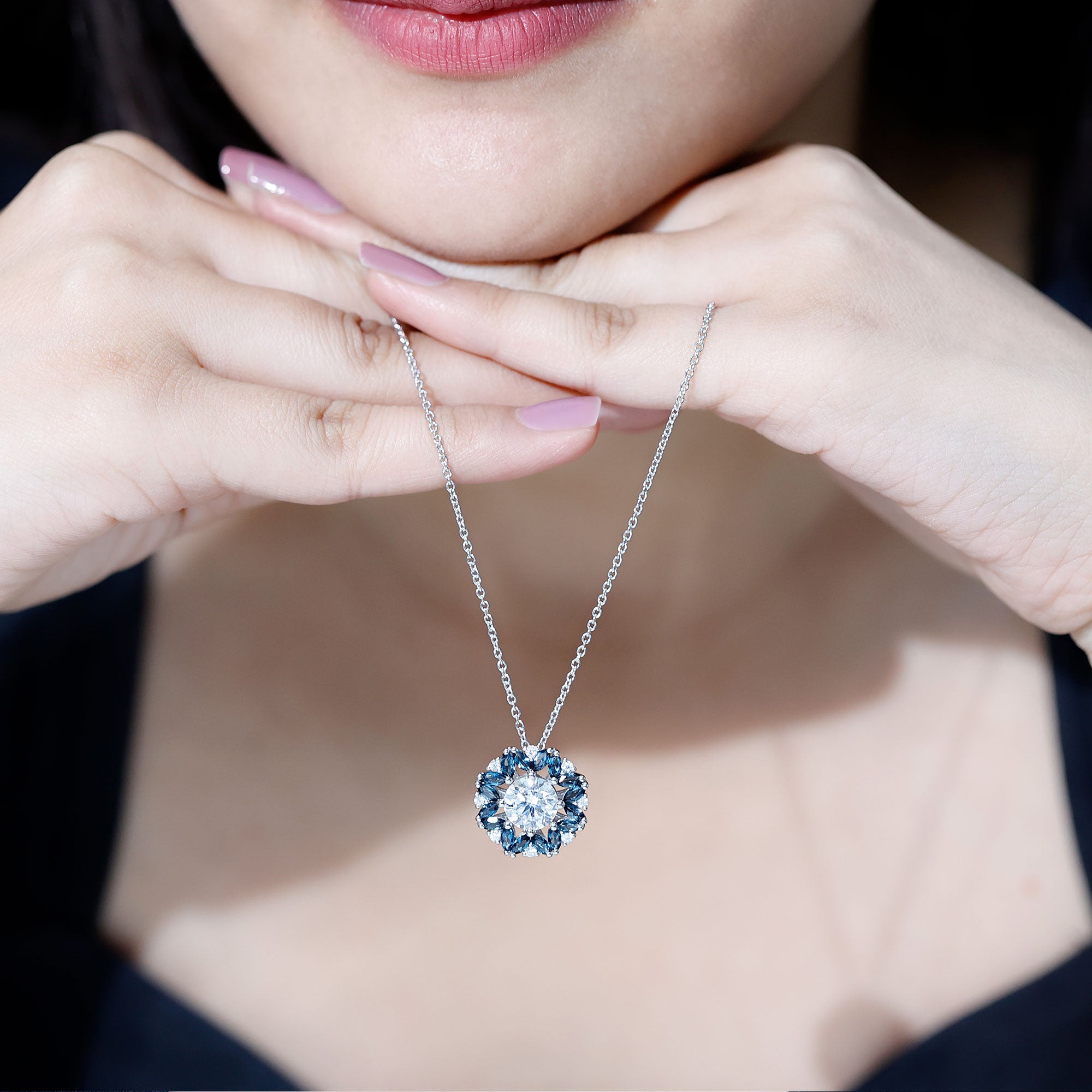 2 Carat Moissanite Statement Necklace with London Blue Topaz Halo D-VS1 92.5 Sterling Silver - Rosec Jewels