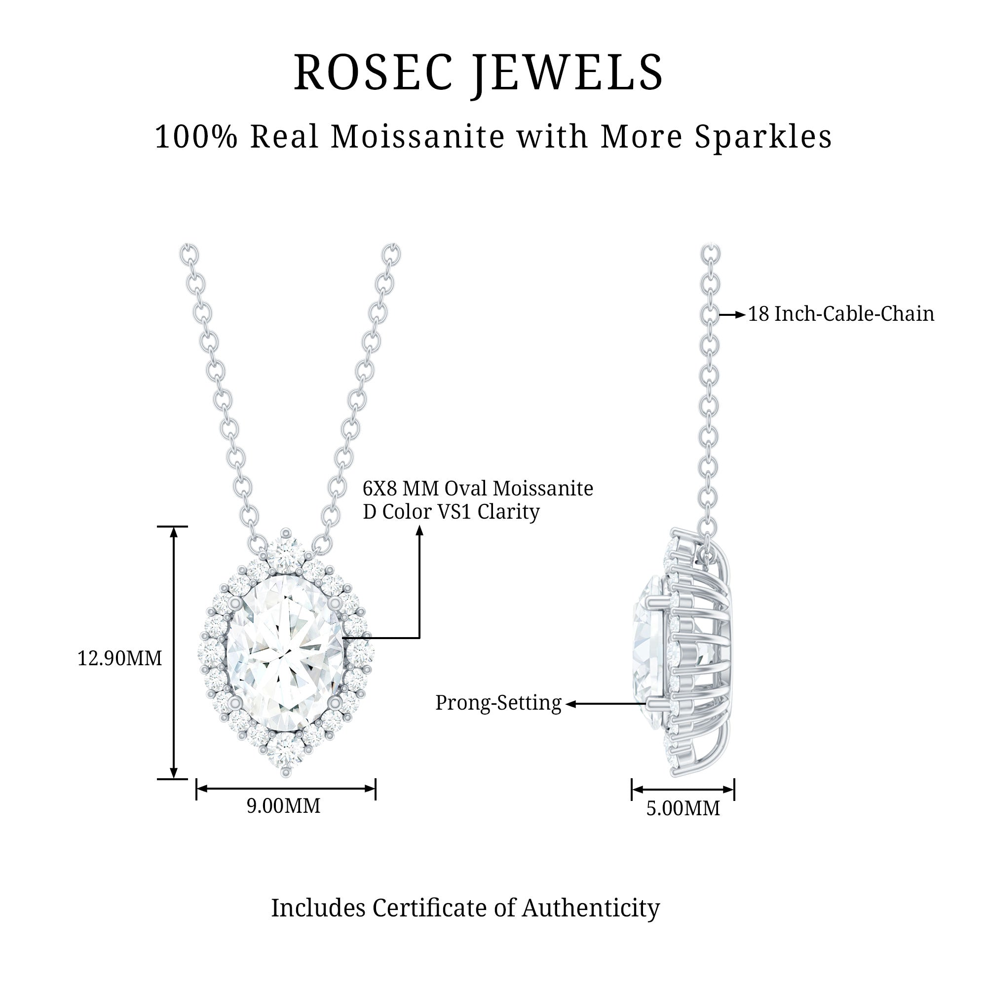 Certified 6X8 MM Oval Moissanite Cocktail Pendant Necklace D-VS1 92.5 Sterling Silver - Rosec Jewels