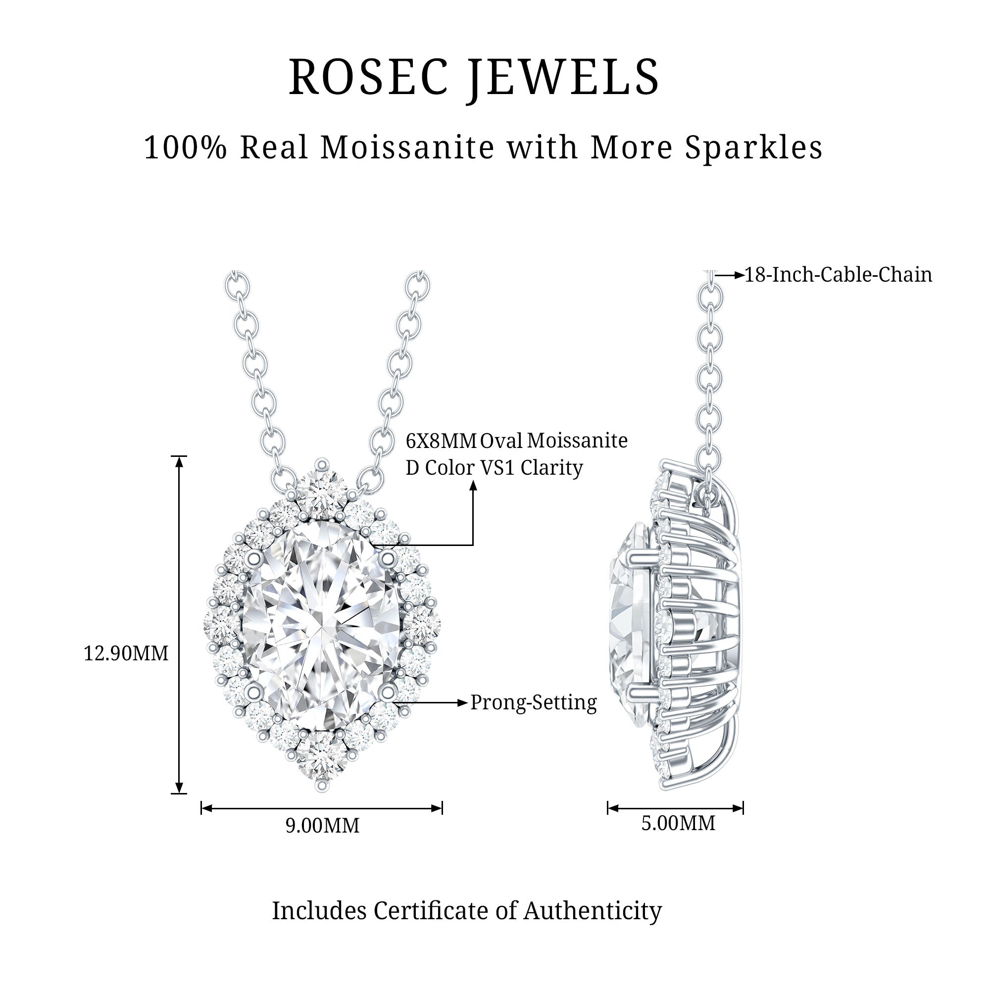 Certified 6X8 MM Oval Moissanite Cocktail Pendant Necklace D-VS1 92.5 Sterling Silver - Rosec Jewels