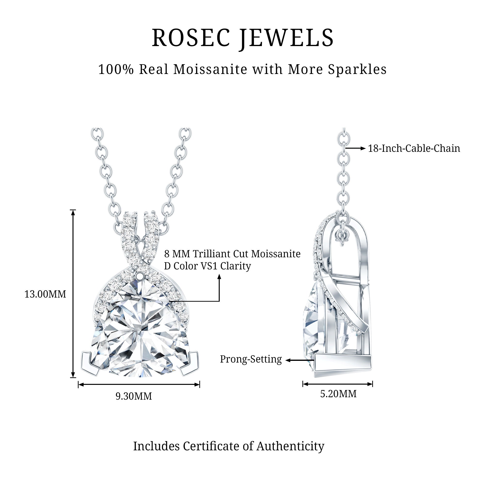 Trilliant Cut 1.6 CT Moissanite Designer Necklace with Silver Chain D-VS1 92.5 Sterling Silver - Rosec Jewels