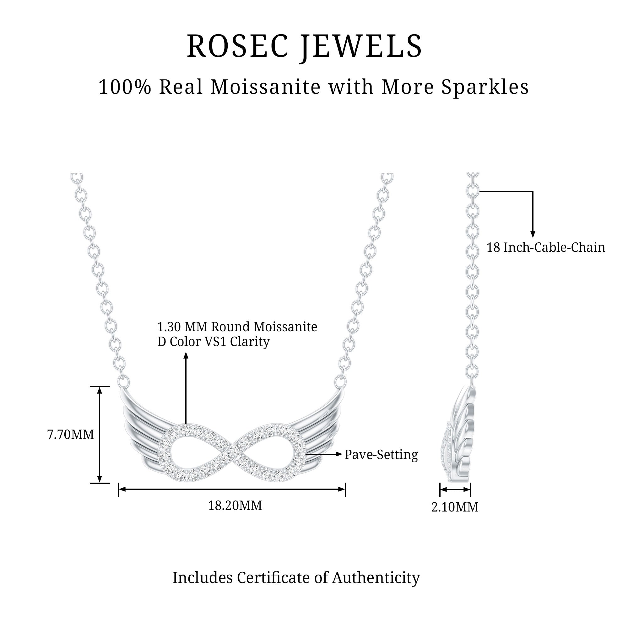 Sterling Silver Pave Set Moissanite Infinity Necklace with Wings D-VS1 92.5 Sterling Silver - Rosec Jewels