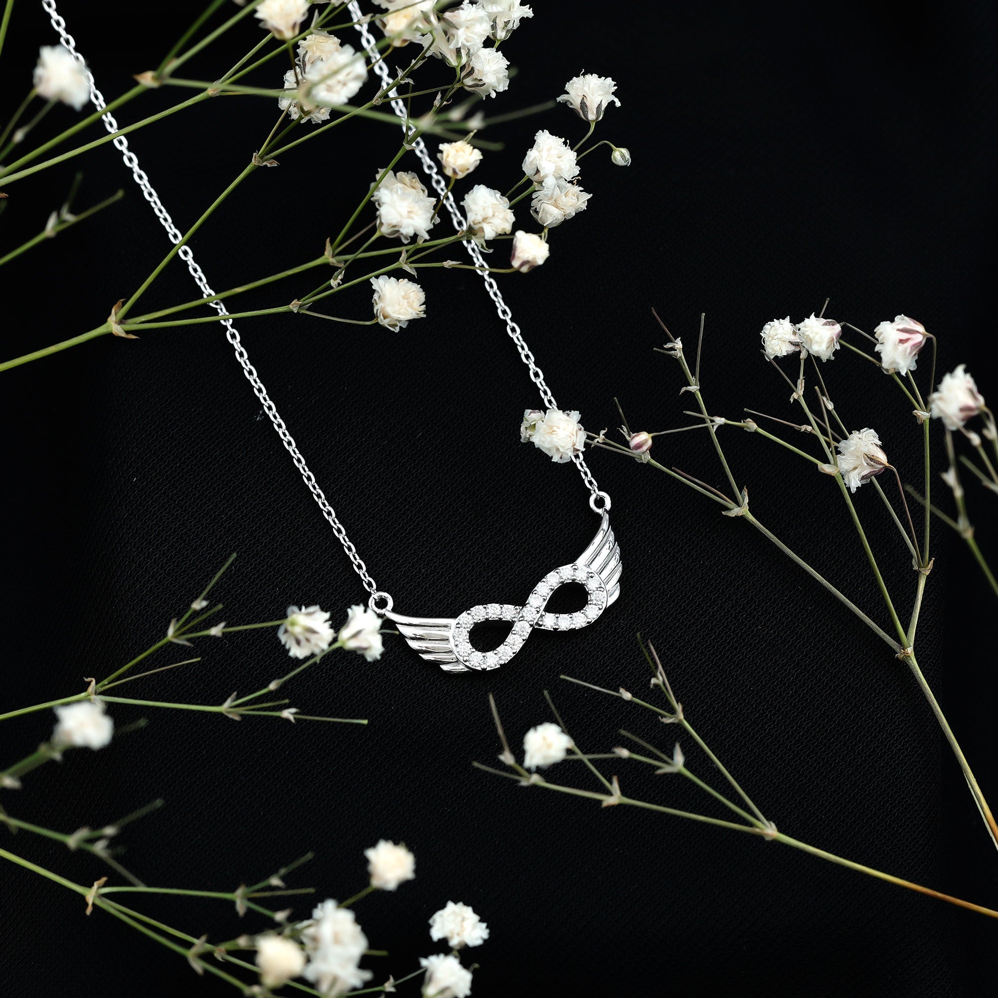 Sterling Silver Pave Set Moissanite Infinity Necklace with Wings D-VS1 92.5 Sterling Silver - Rosec Jewels