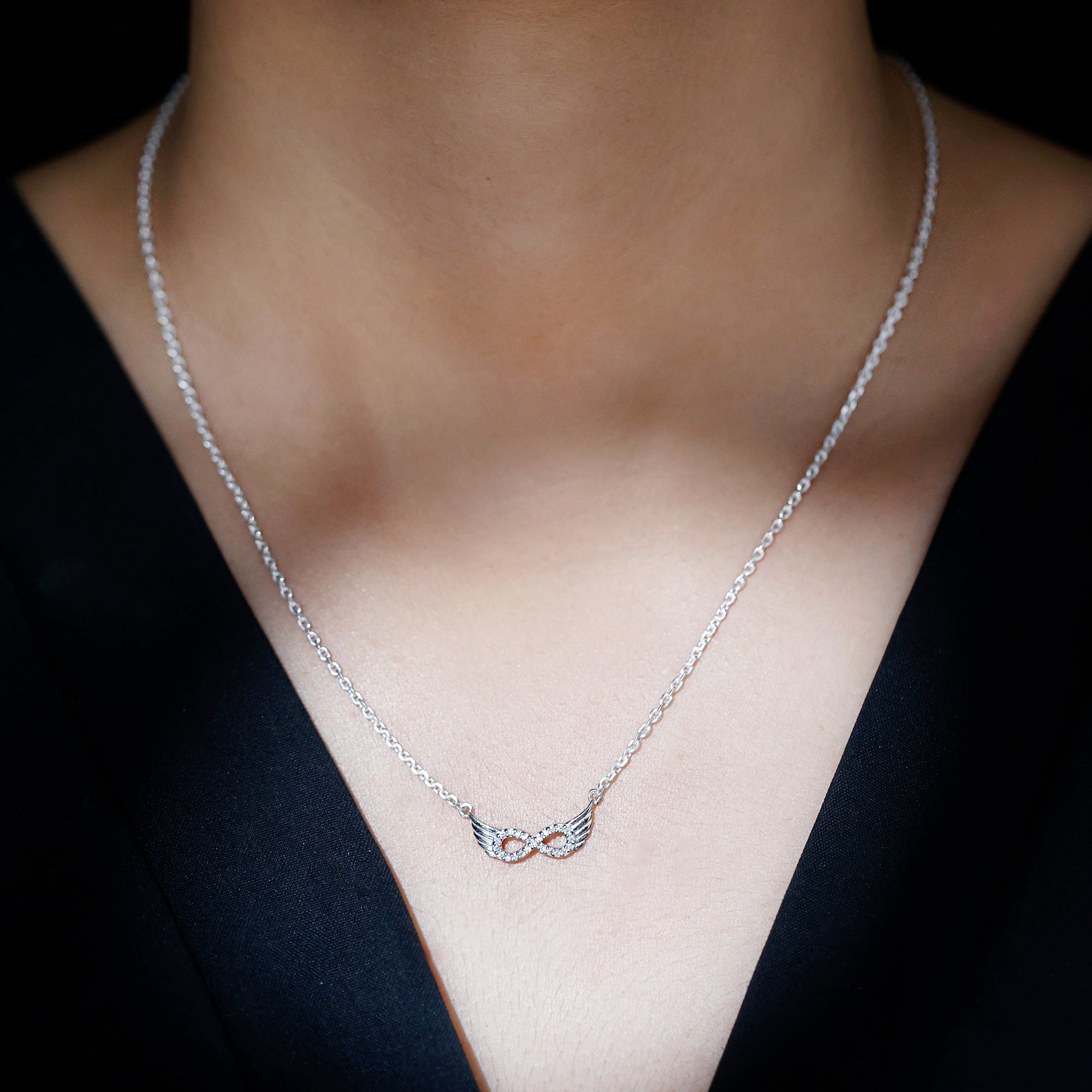 Sterling Silver Pave Set Moissanite Infinity Necklace with Wings D-VS1 92.5 Sterling Silver - Rosec Jewels