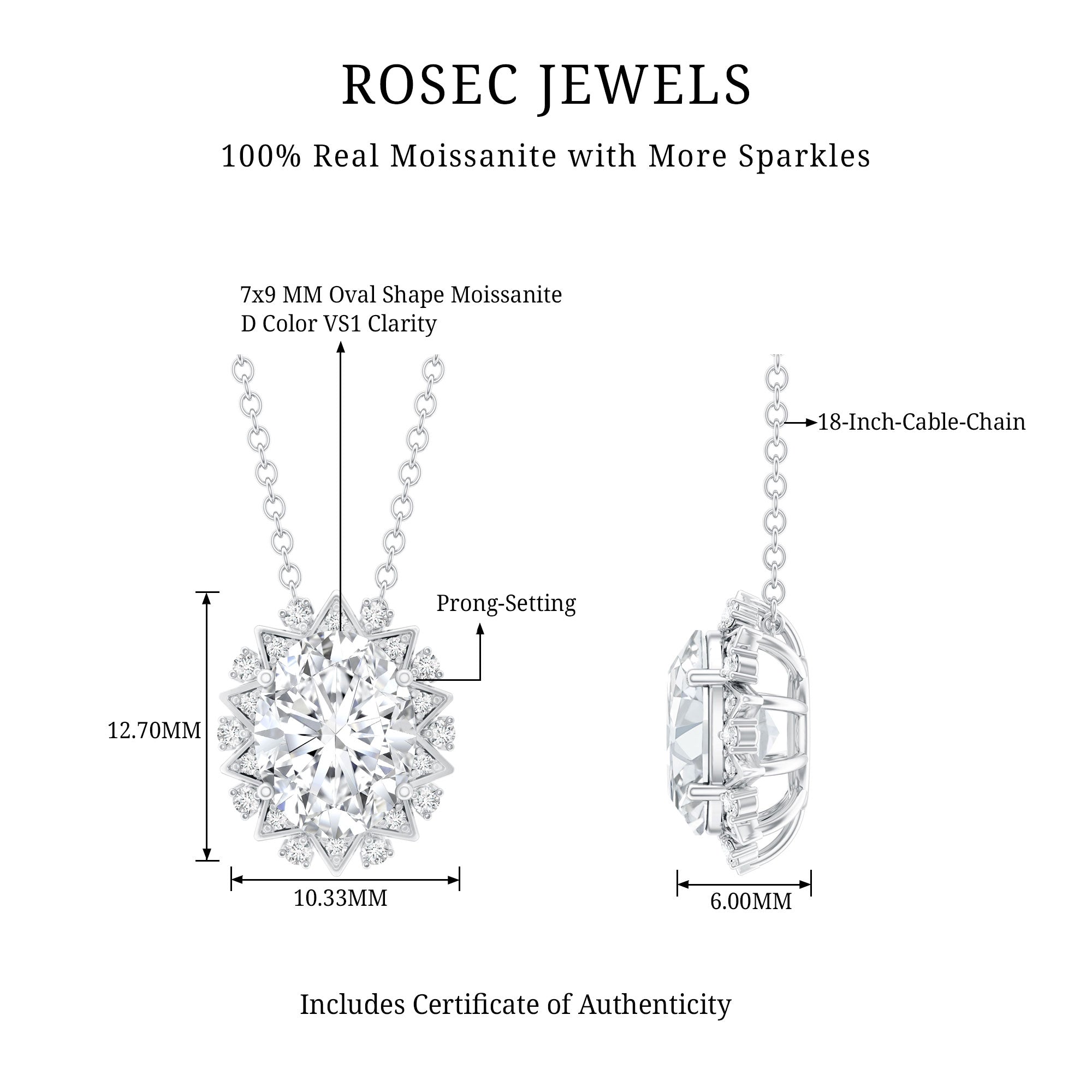 2 Carat Oval Moissanite Cocktail Necklace in 14K White Gold Plated Silver D-VS1 92.5 Sterling Silver - Rosec Jewels
