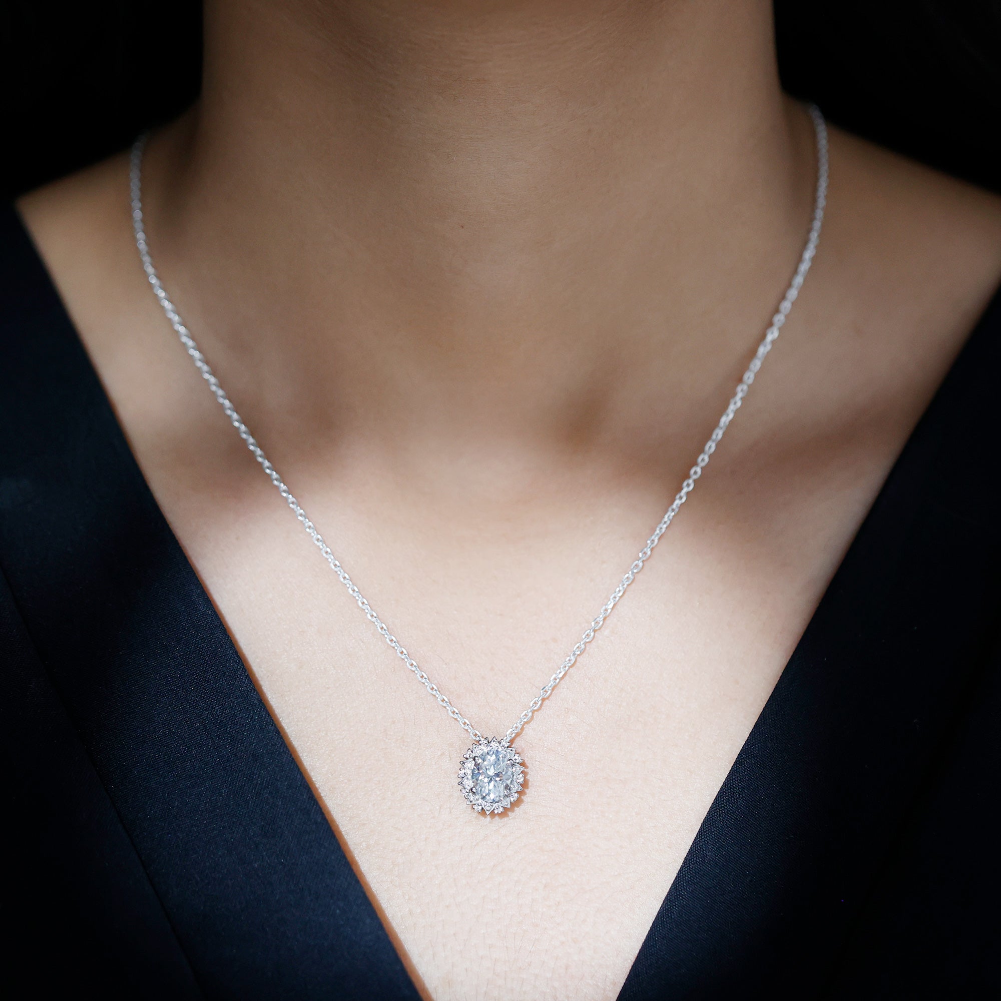 2 Carat Oval Moissanite Cocktail Necklace in 14K White Gold Plated Silver D-VS1 92.5 Sterling Silver - Rosec Jewels