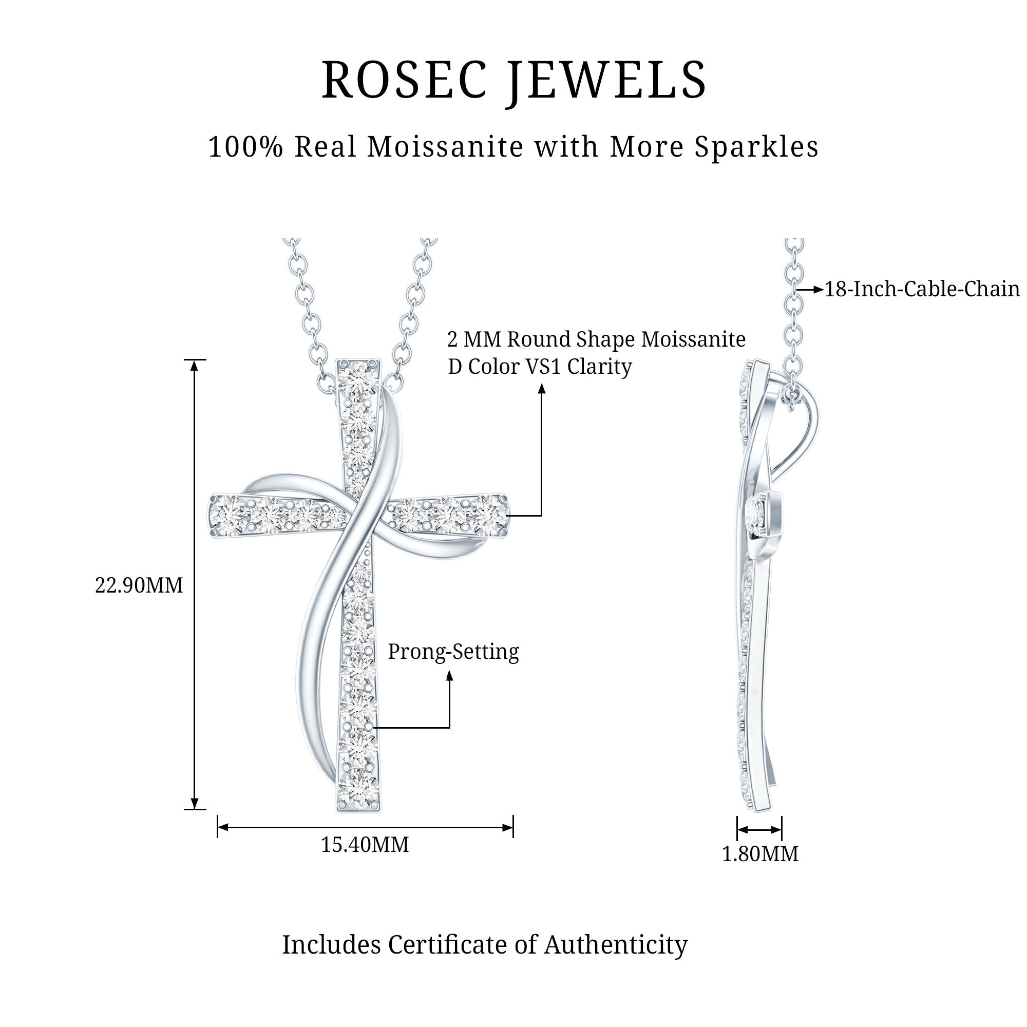 Certified Moissanite Designer Cross Pendant Necklace in Silver D-VS1 92.5 Sterling Silver - Rosec Jewels