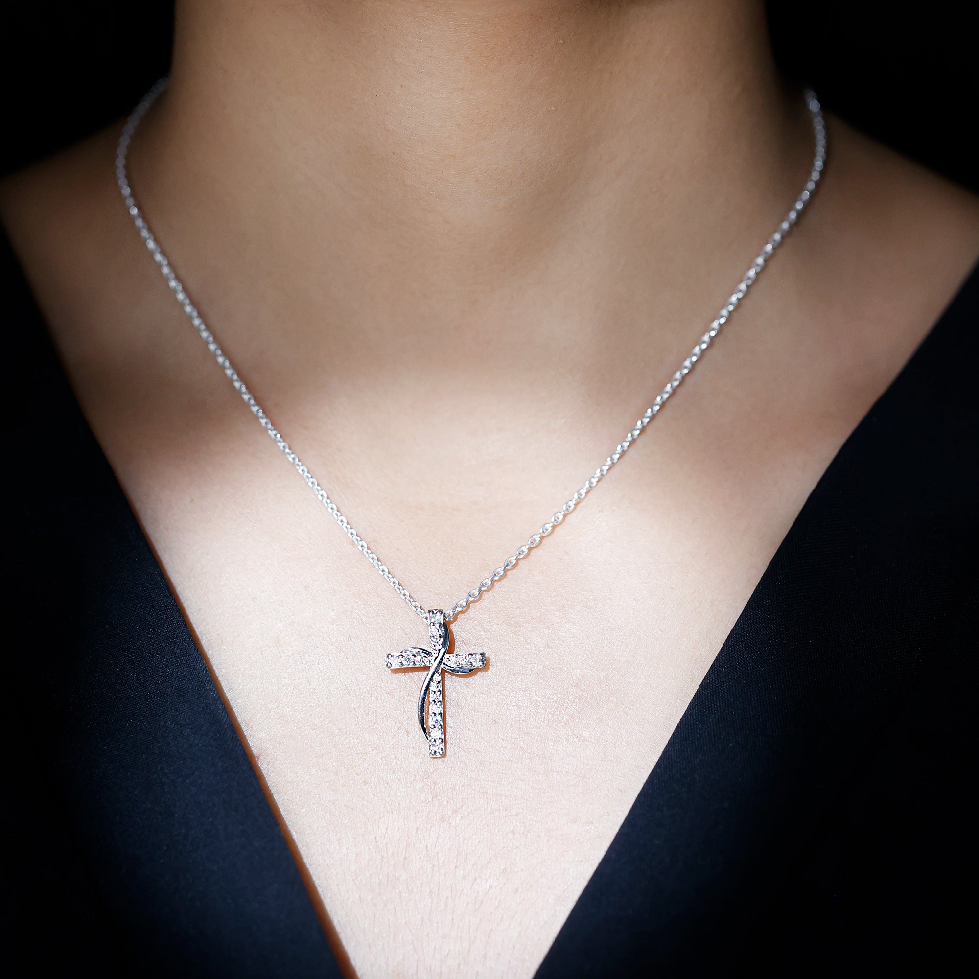 Certified Moissanite Designer Cross Pendant Necklace in Silver D-VS1 92.5 Sterling Silver - Rosec Jewels