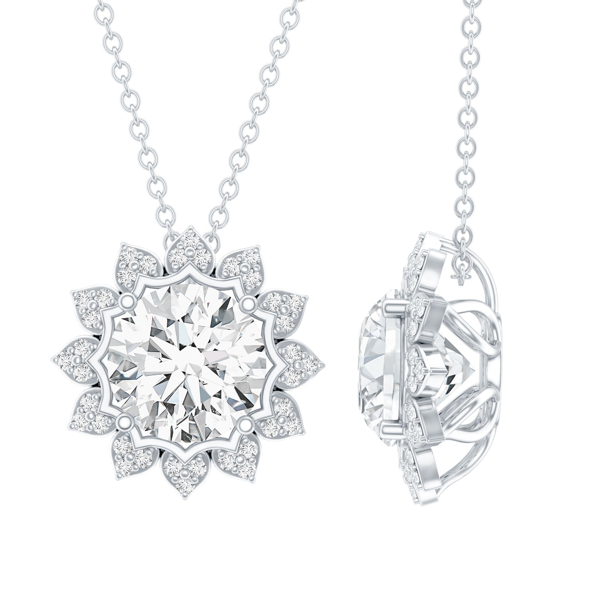 Certified 2 Carat Moissanite Sunflower Pendant Necklace with Silver Chain D-VS1 92.5 Sterling Silver - Rosec Jewels