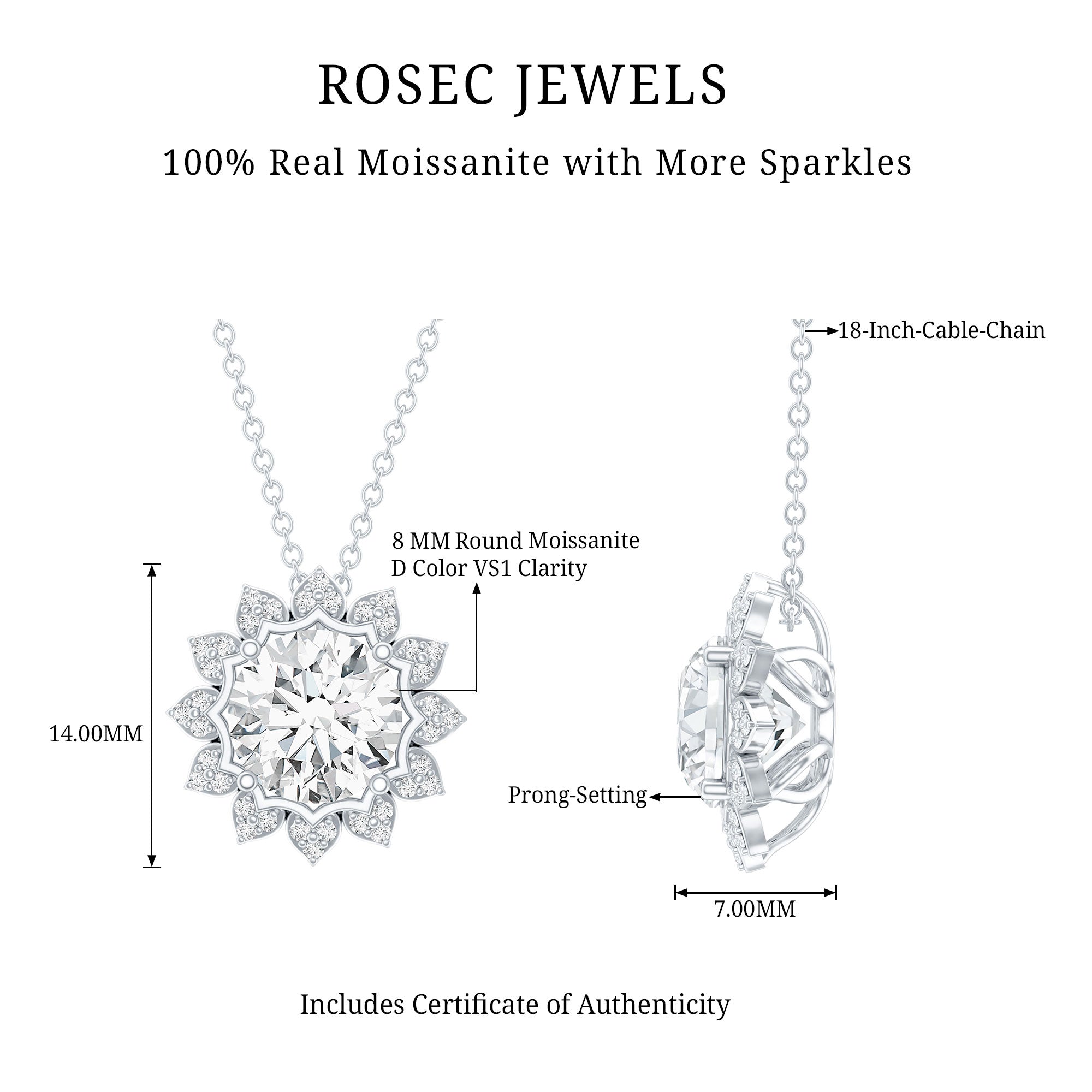 Certified 2 Carat Moissanite Sunflower Pendant Necklace with Silver Chain D-VS1 92.5 Sterling Silver - Rosec Jewels