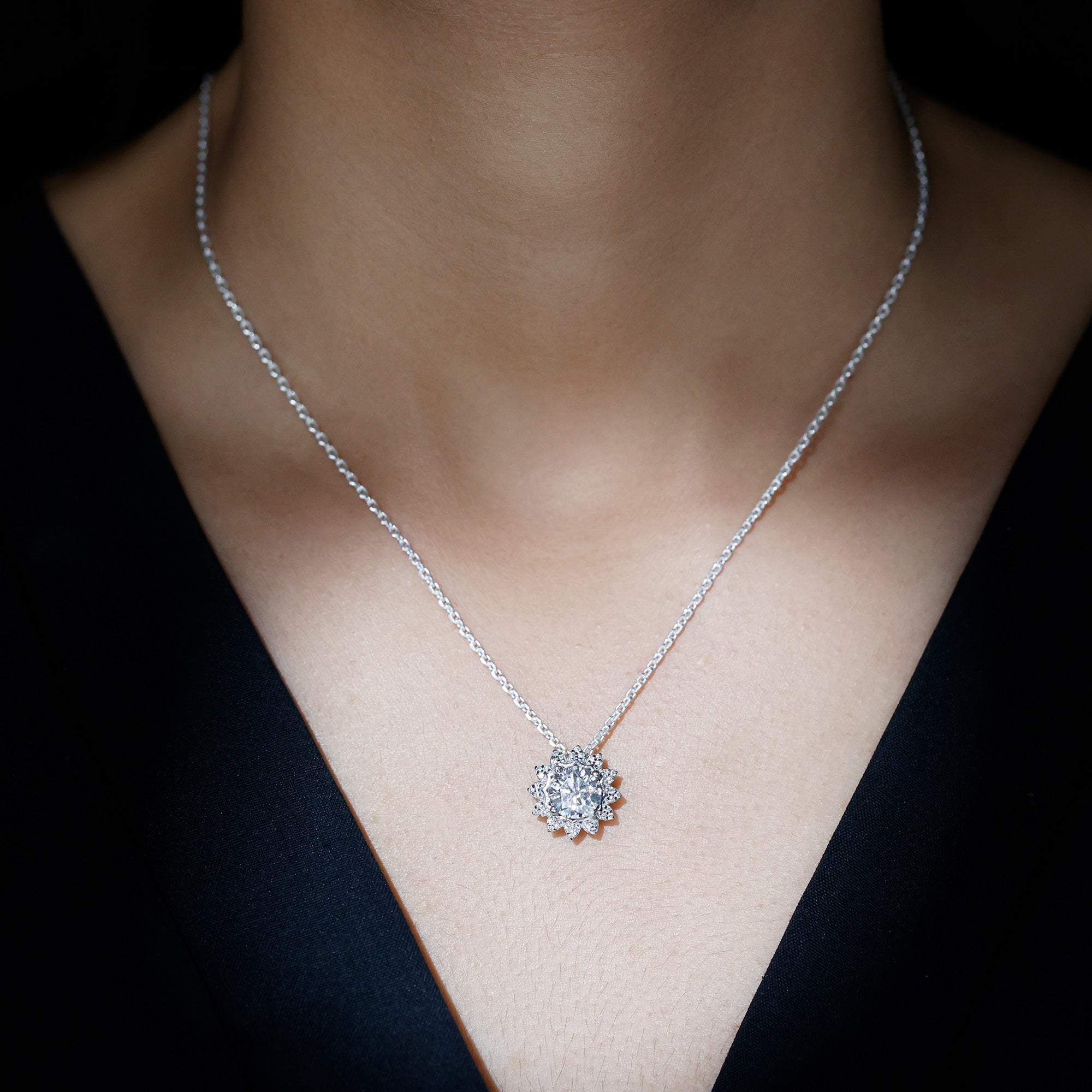 Certified 2 Carat Moissanite Sunflower Pendant Necklace with Silver Chain D-VS1 92.5 Sterling Silver - Rosec Jewels