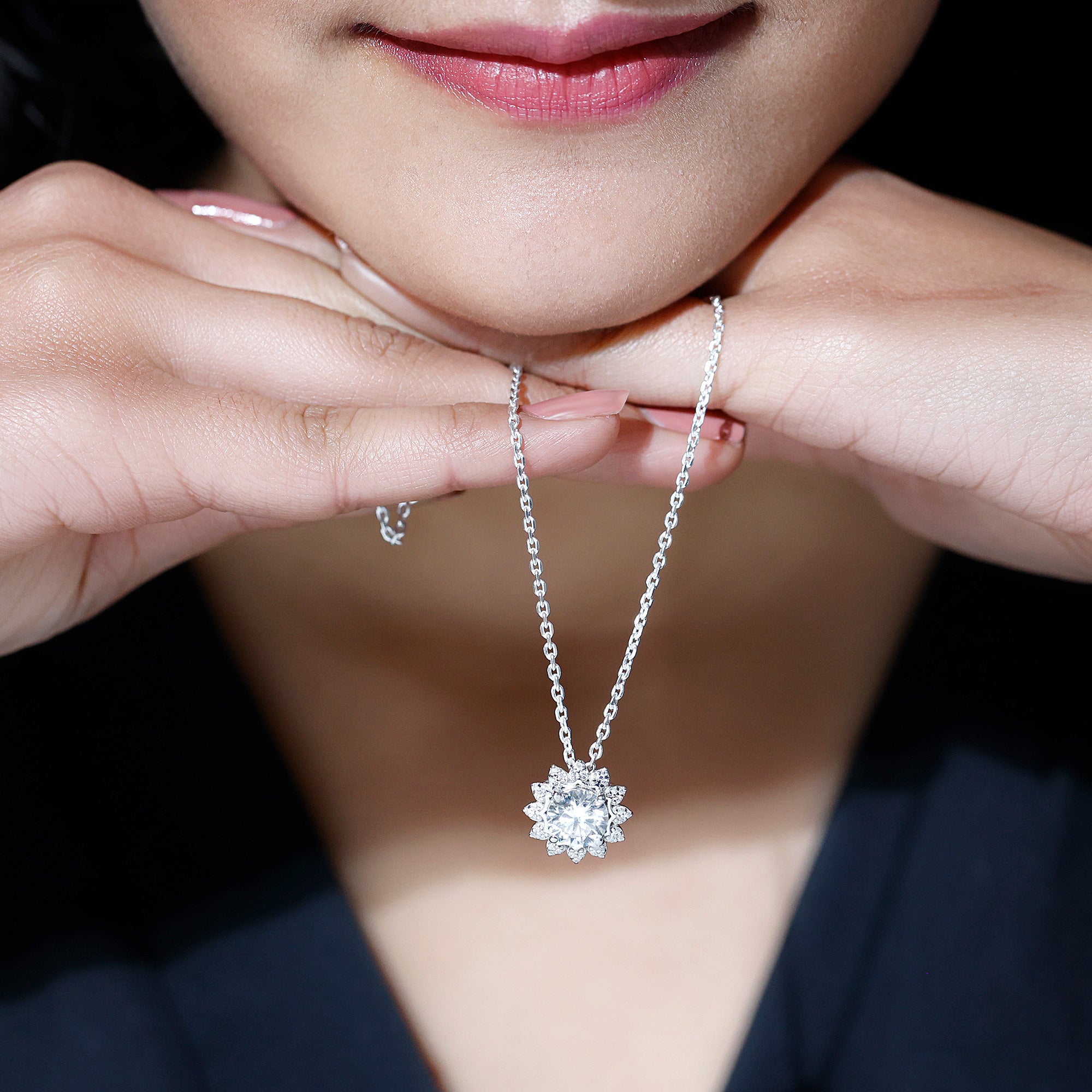 Certified 2 Carat Moissanite Sunflower Pendant Necklace with Silver Chain D-VS1 92.5 Sterling Silver - Rosec Jewels