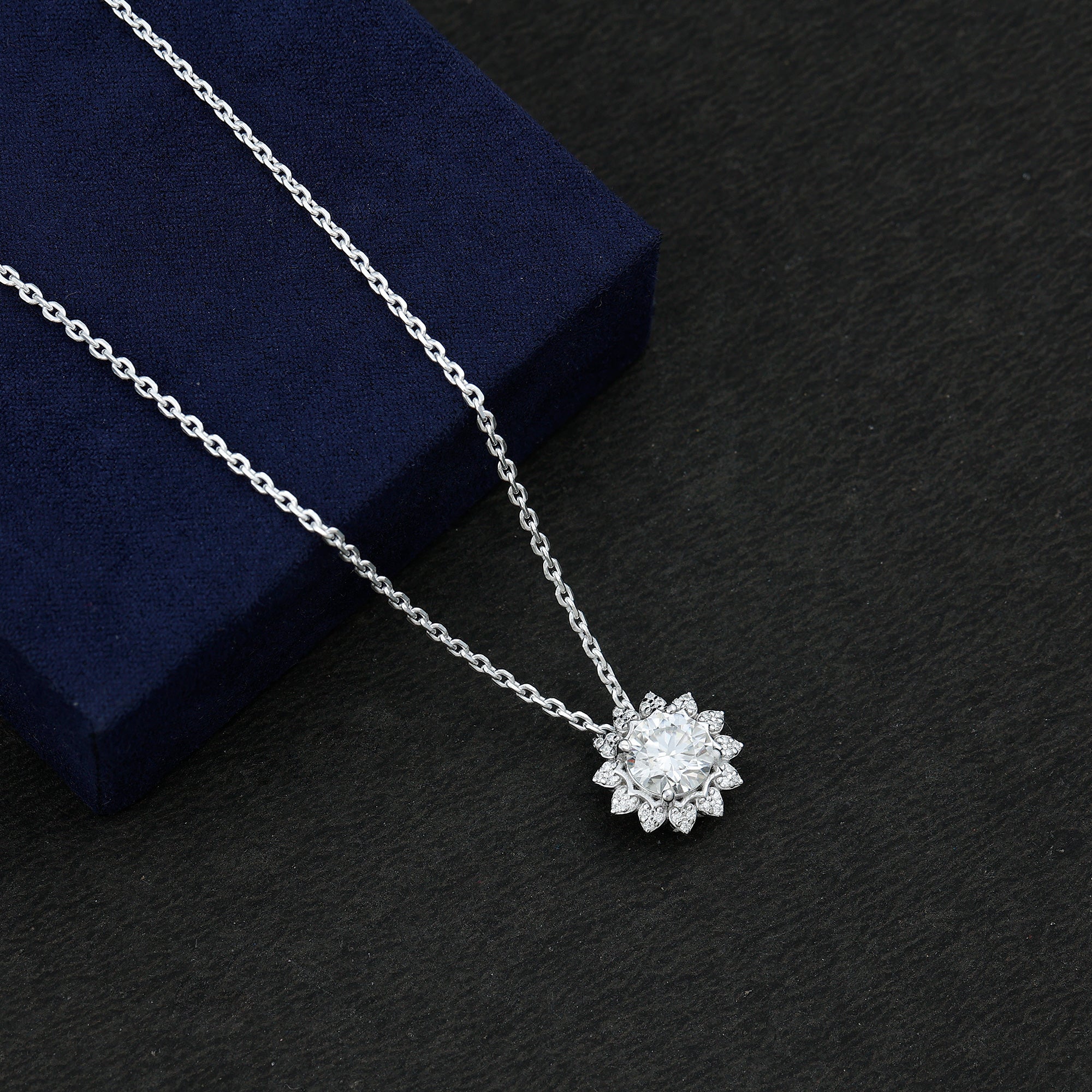 Certified 2 Carat Moissanite Sunflower Pendant Necklace with Silver Chain D-VS1 92.5 Sterling Silver - Rosec Jewels