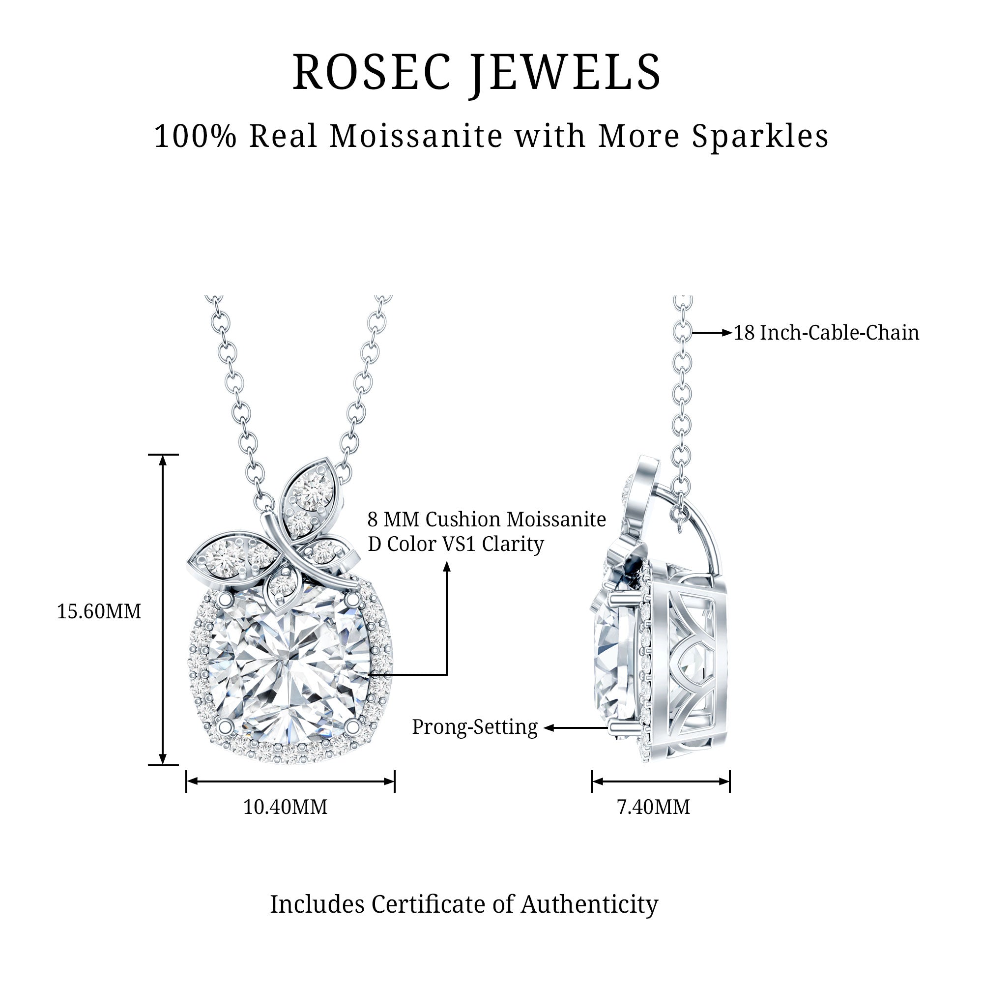 Certified 3 Carat Moissanite Designer Necklace with Silver Chain D-VS1 92.5 Sterling Silver - Rosec Jewels