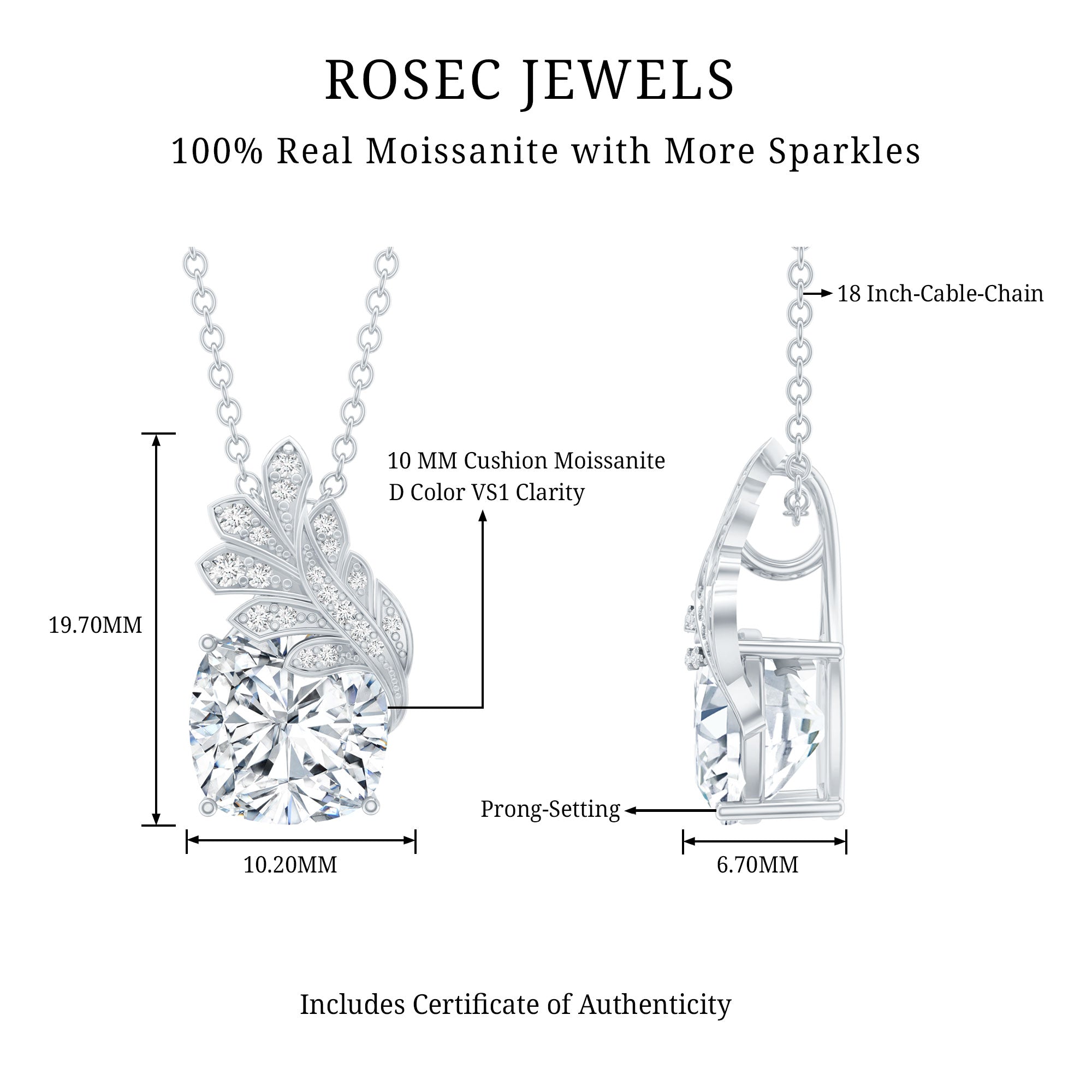Nature Inspired 5.6 Carat Moissanite Designer Necklace for Wedding D-VS1 92.5 Sterling Silver - Rosec Jewels