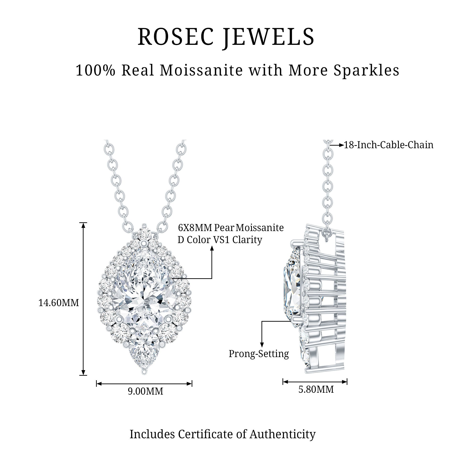 Certified 1.3 Carat Moissanite Teardrop Necklace for Wedding D-VS1 92.5 Sterling Silver - Rosec Jewels