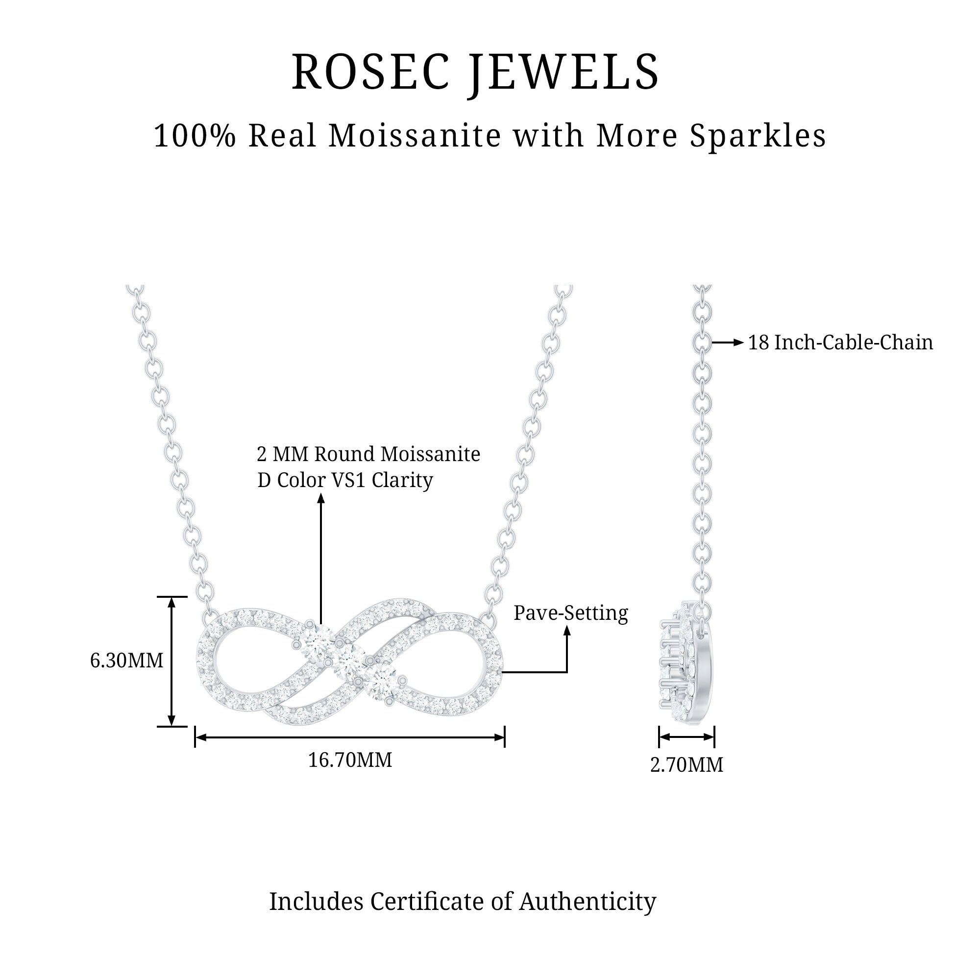 Certified Moissanite Infinity Symbol Necklace for Women D-VS1 92.5 Sterling Silver - Rosec Jewels