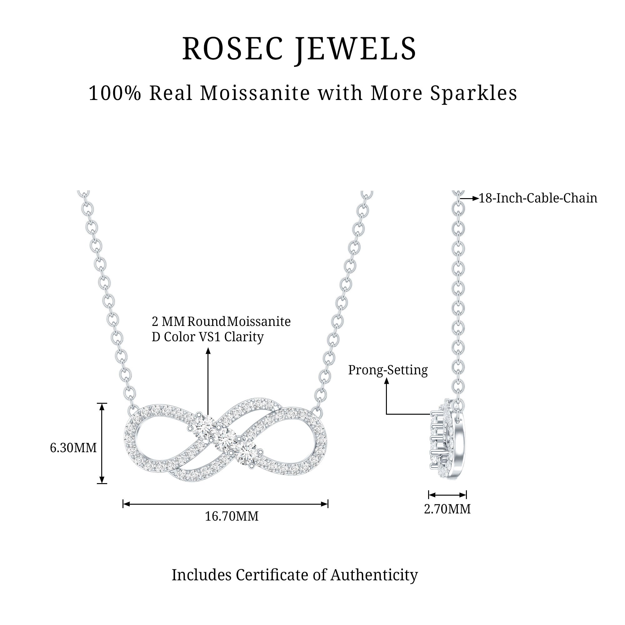 Certified Moissanite Infinity Symbol Necklace for Women D-VS1 92.5 Sterling Silver - Rosec Jewels