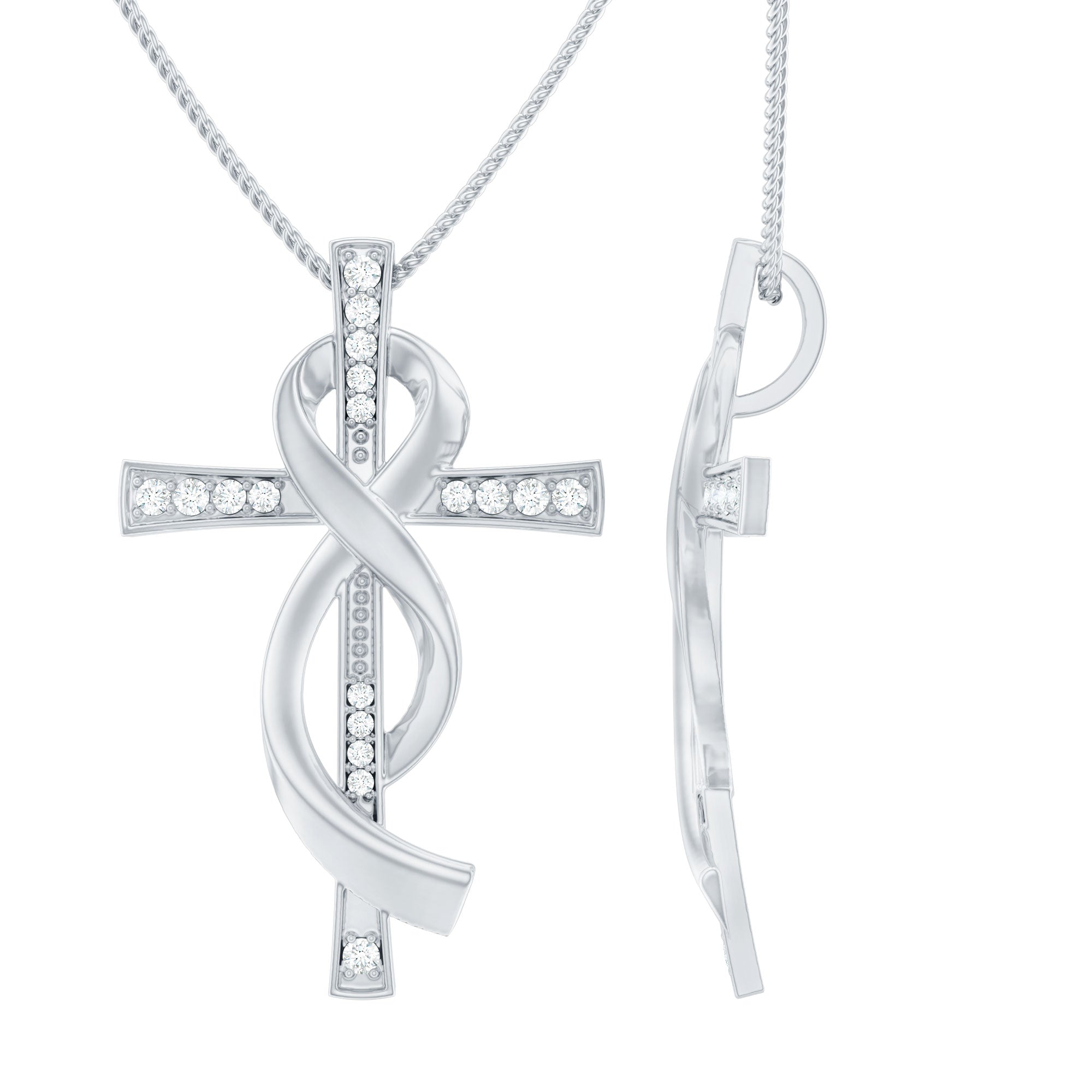 Pave Set Moissanite Cross Infinity Necklace with Silver Chain D-VS1 92.5 Sterling Silver - Rosec Jewels