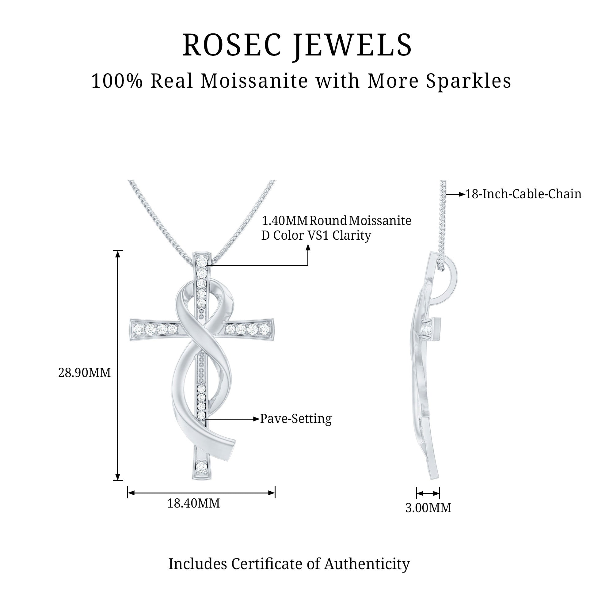Pave Set Moissanite Cross Infinity Necklace with Silver Chain D-VS1 92.5 Sterling Silver - Rosec Jewels
