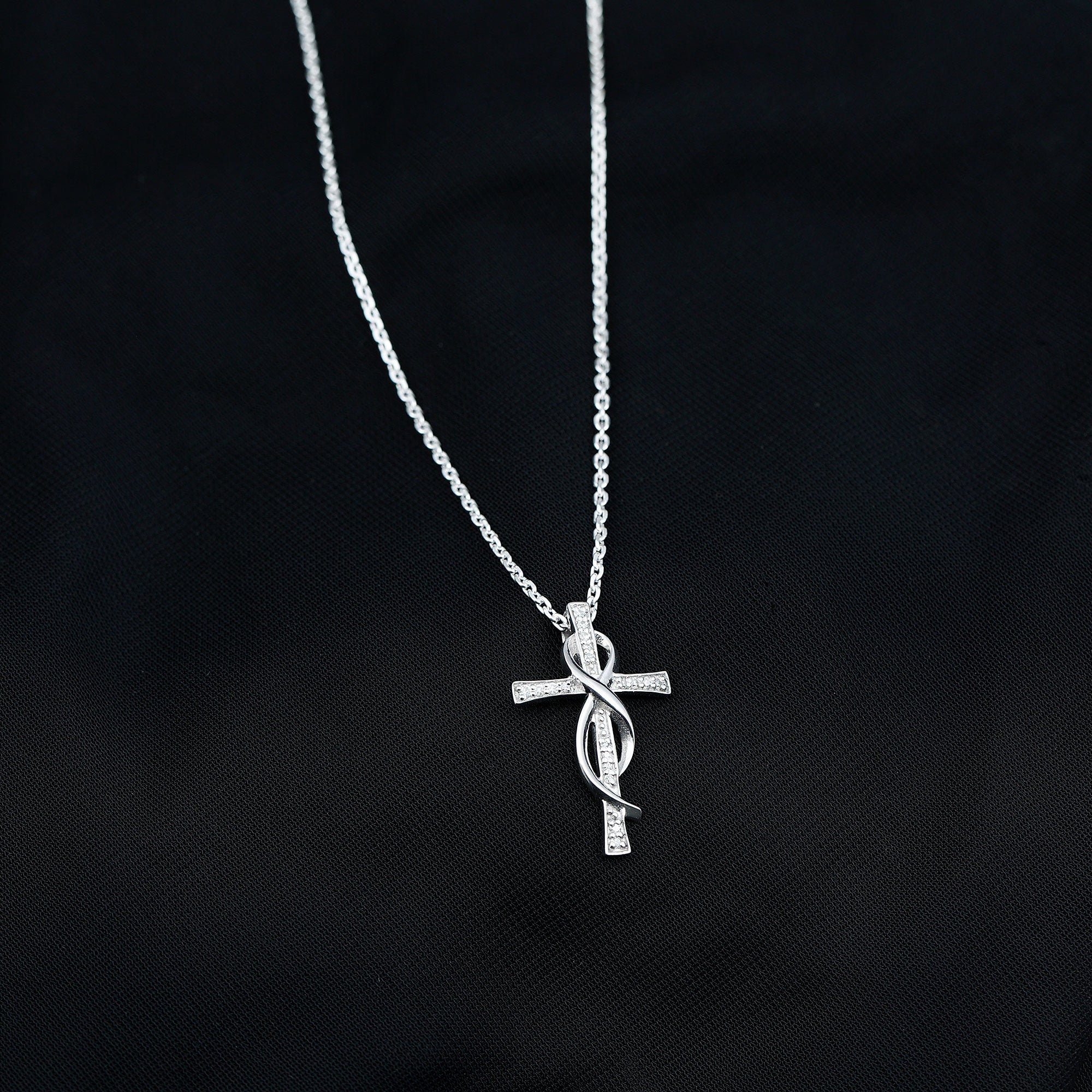 Pave Set Moissanite Cross Infinity Necklace with Silver Chain D-VS1 92.5 Sterling Silver - Rosec Jewels