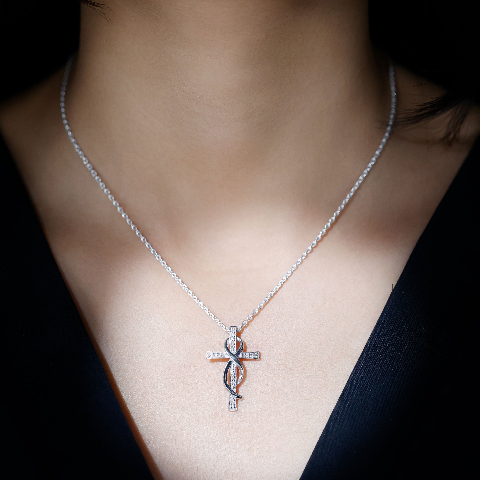 Pave Set Moissanite Cross Infinity Necklace with Silver Chain D-VS1 92.5 Sterling Silver - Rosec Jewels