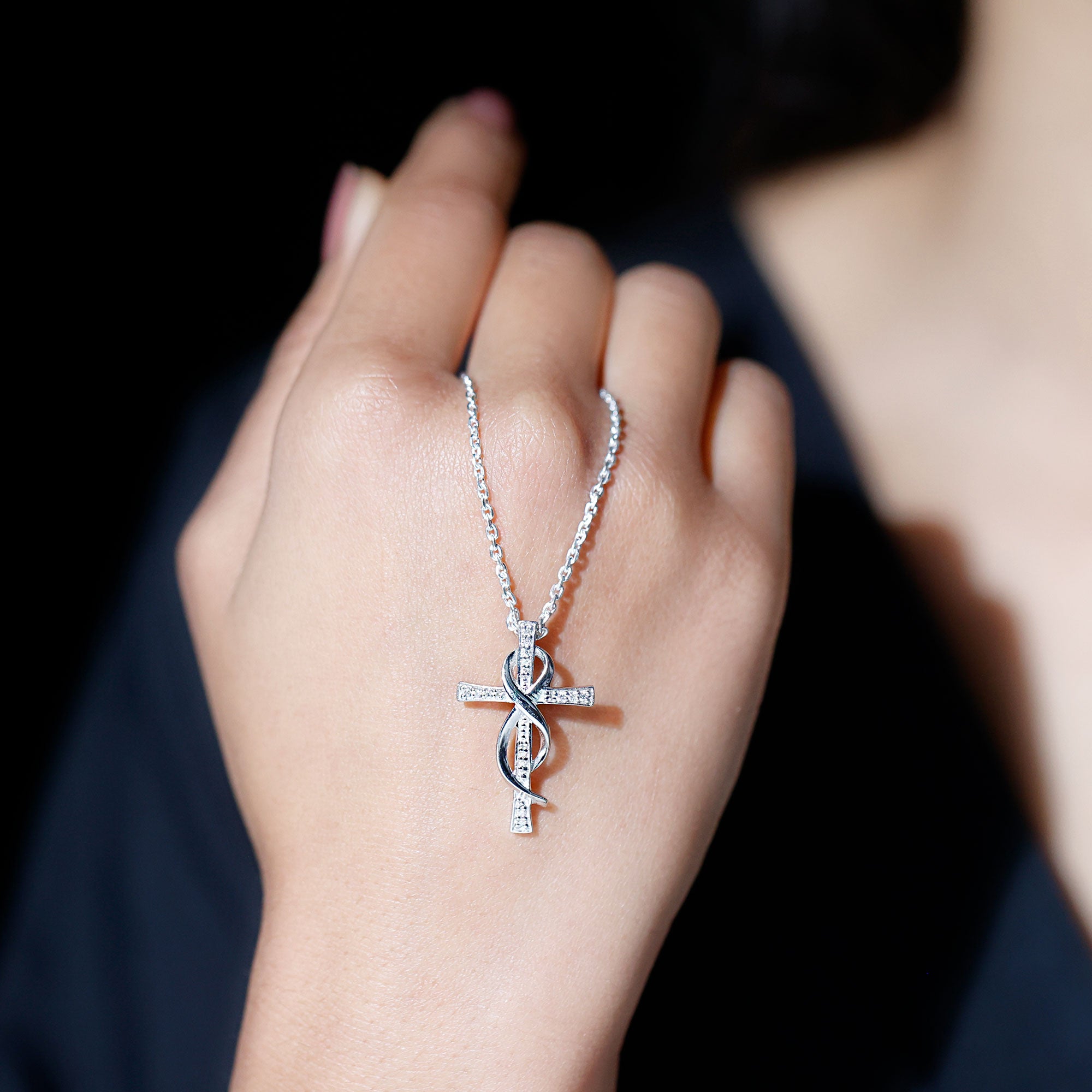 Pave Set Moissanite Cross Infinity Necklace with Silver Chain D-VS1 92.5 Sterling Silver - Rosec Jewels