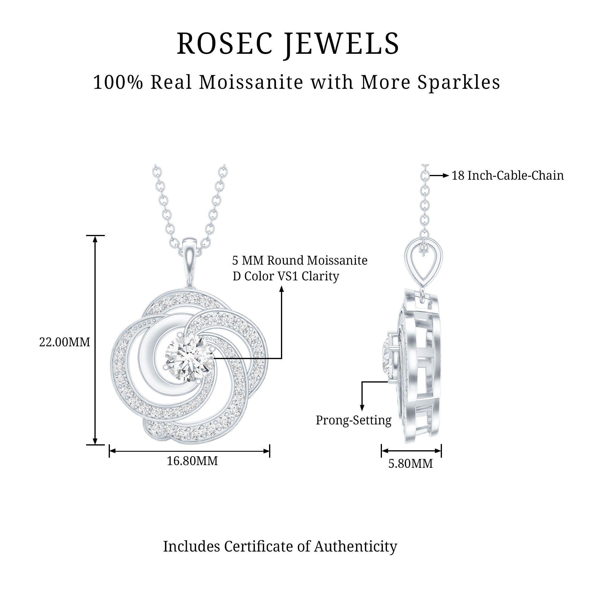 Moissanite Floral Pendant Necklace with Silver Chain D-VS1 92.5 Sterling Silver - Rosec Jewels