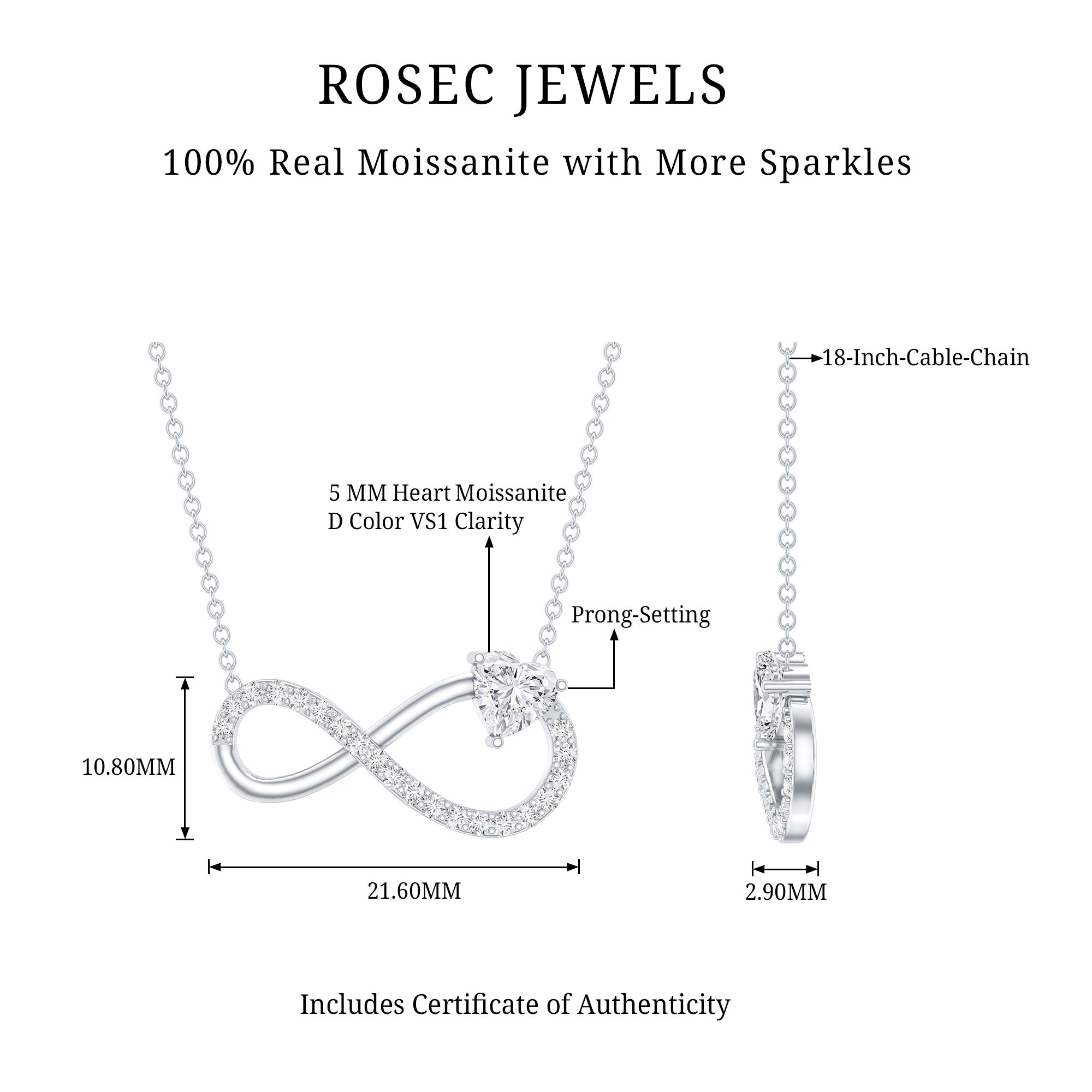Certified Moissanite Heart Infinity Necklace in Silver D-VS1 92.5 Sterling Silver - Rosec Jewels