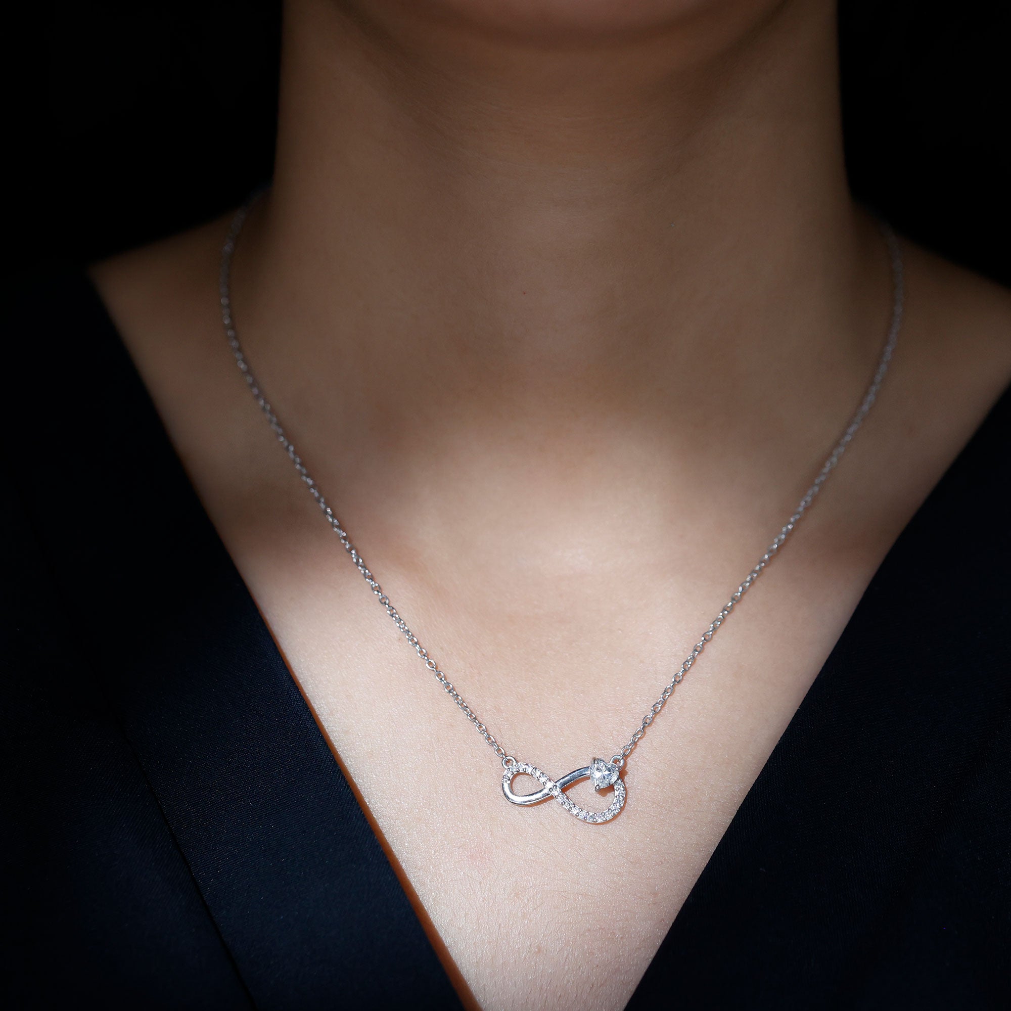 Certified Moissanite Heart Infinity Necklace in Silver D-VS1 92.5 Sterling Silver - Rosec Jewels