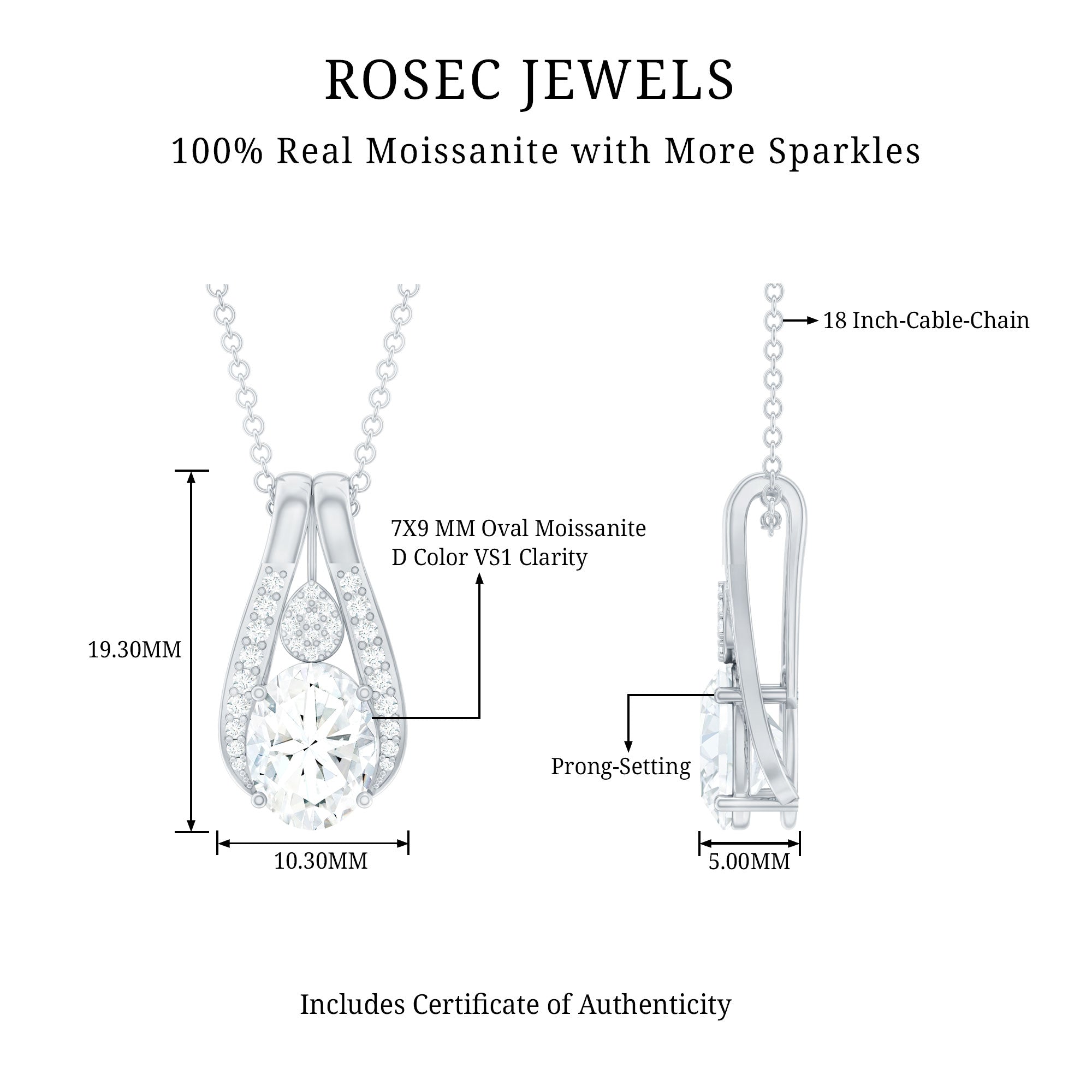 Certified 2 Carat Oval Moissanite Teardrop Pendant for Wedding D-VS1 92.5 Sterling Silver - Rosec Jewels