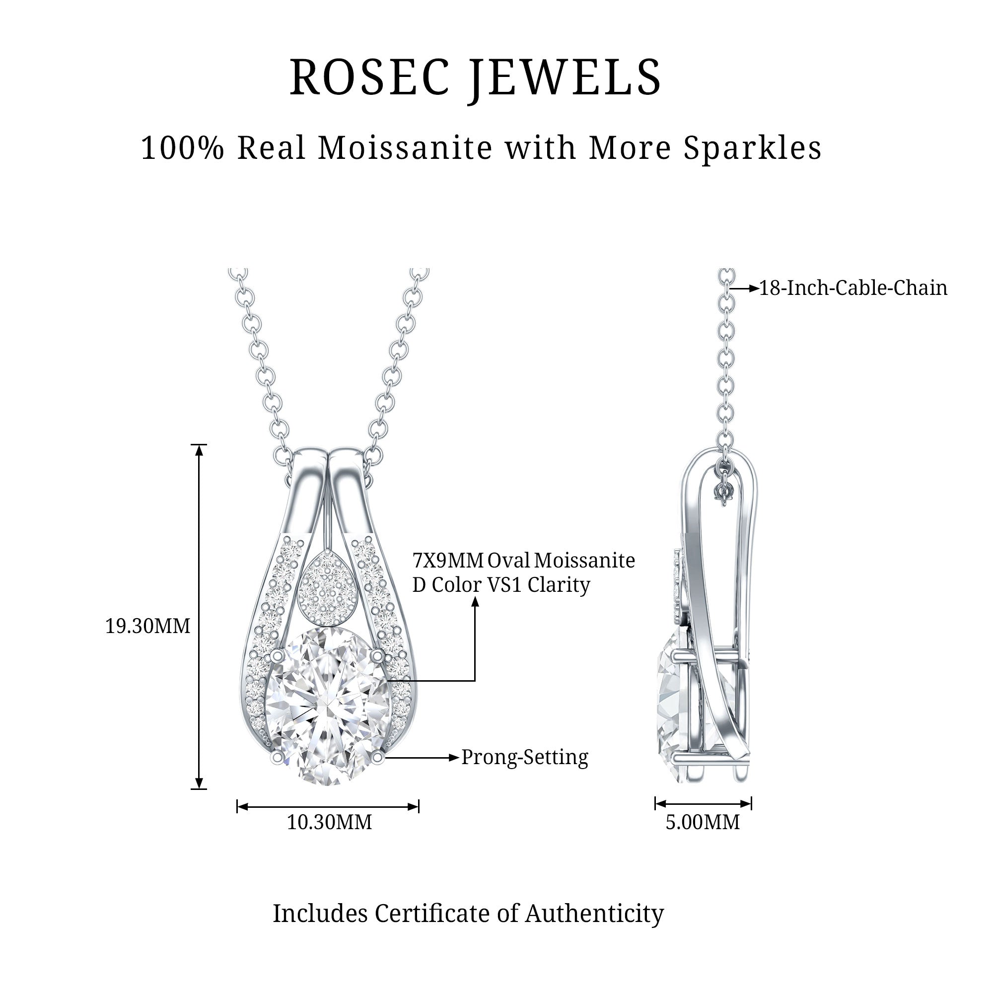 Certified 2 Carat Oval Moissanite Teardrop Pendant for Wedding D-VS1 92.5 Sterling Silver - Rosec Jewels