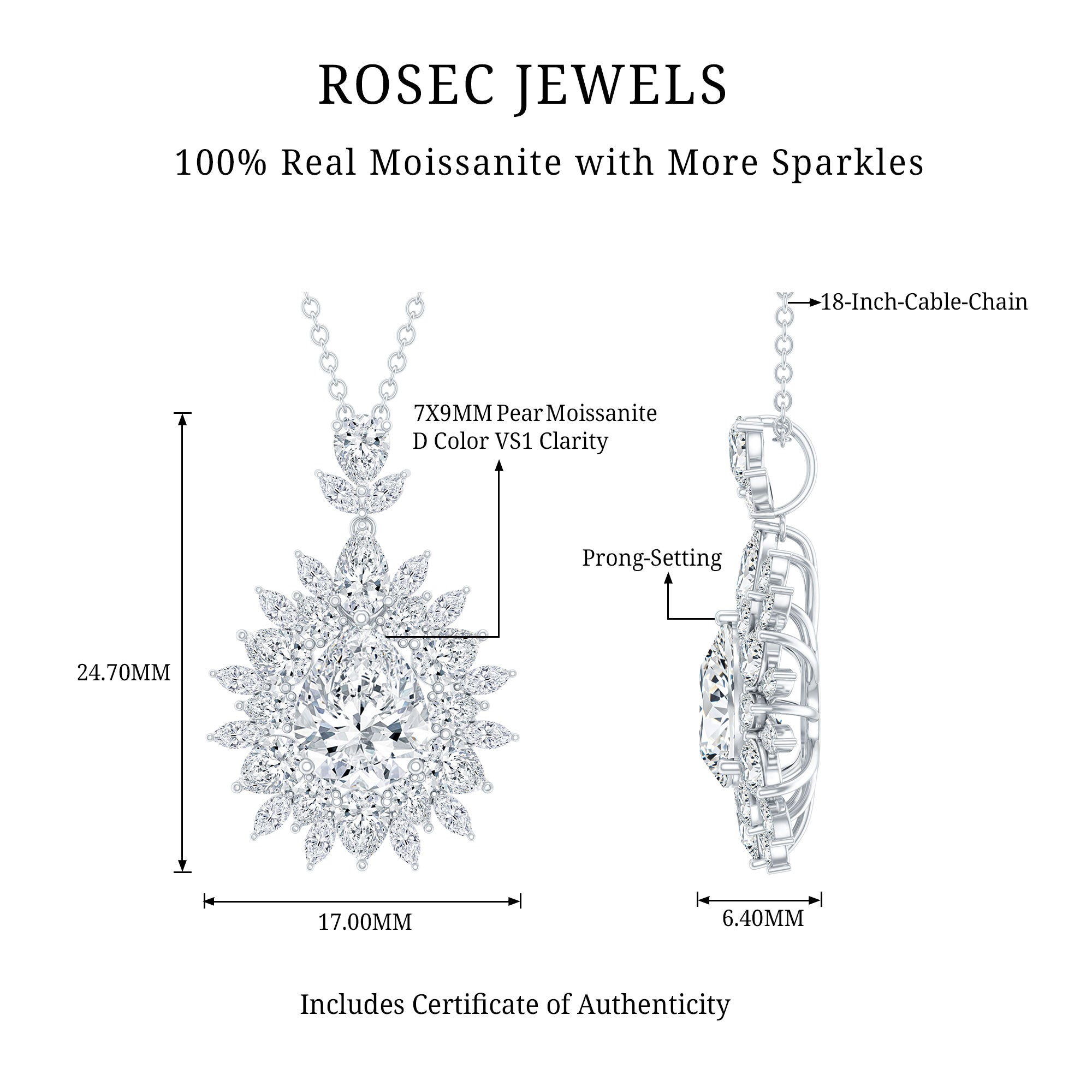 Moissanite Designer Pendant Necklace With Silver Chain D-VS1 92.5 Sterling Silver - Rosec Jewels
