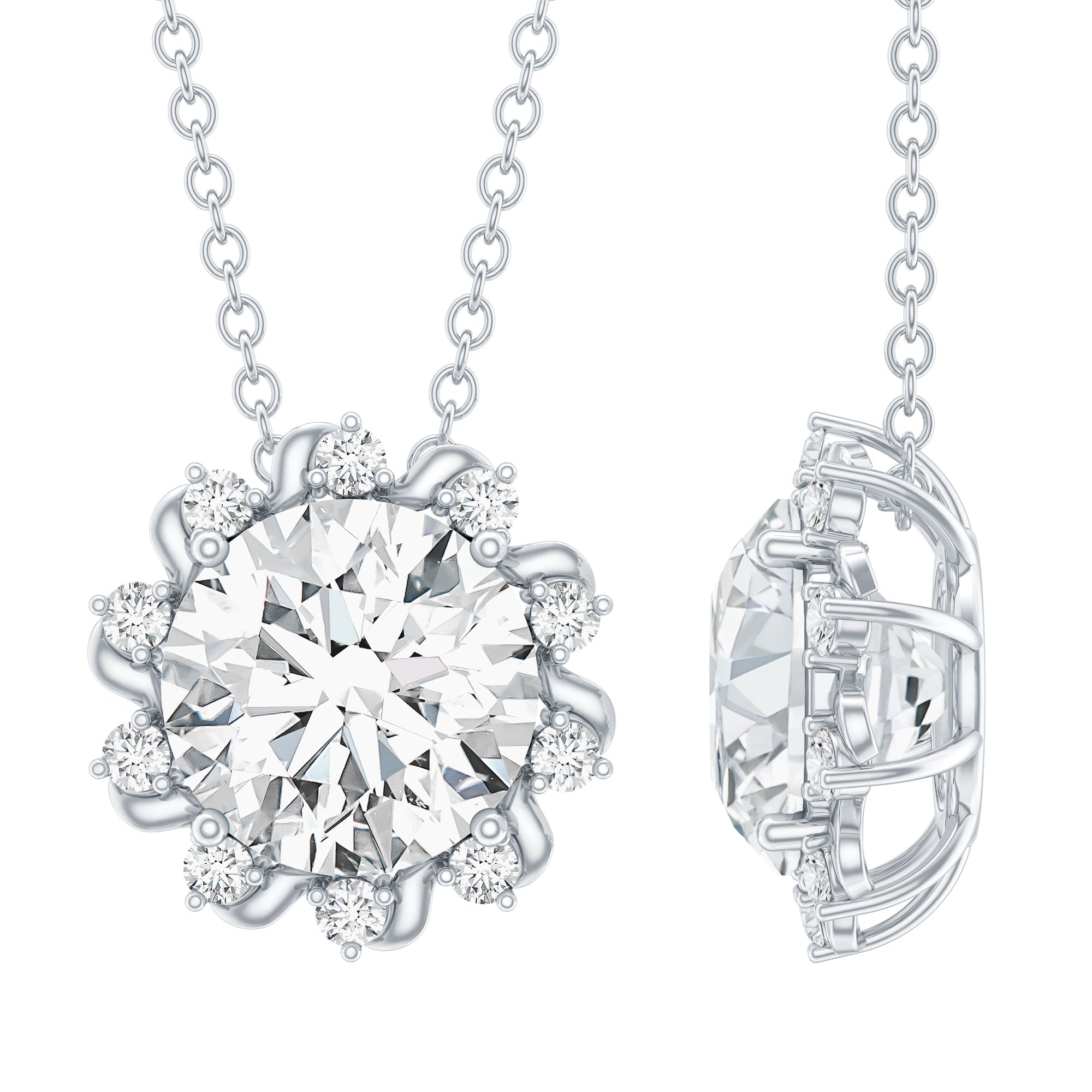 Certified 2 Carat Round Moissanite Sunburst Necklace With Silver Chain D-VS1 92.5 Sterling Silver - Rosec Jewels