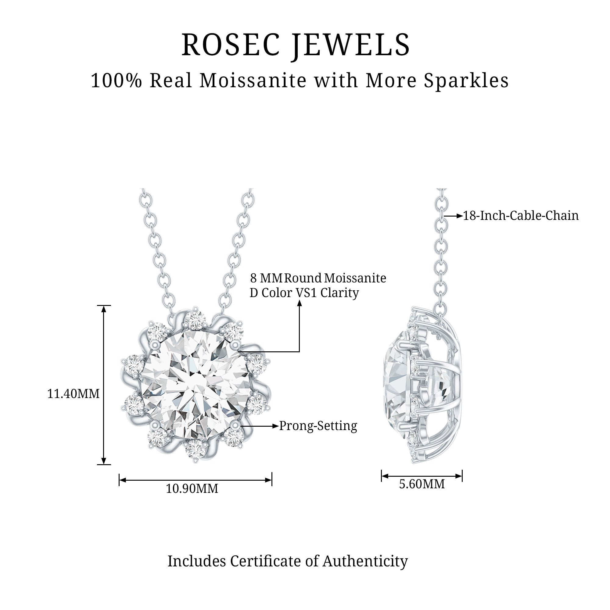 Certified 2 Carat Round Moissanite Sunburst Necklace With Silver Chain D-VS1 92.5 Sterling Silver - Rosec Jewels