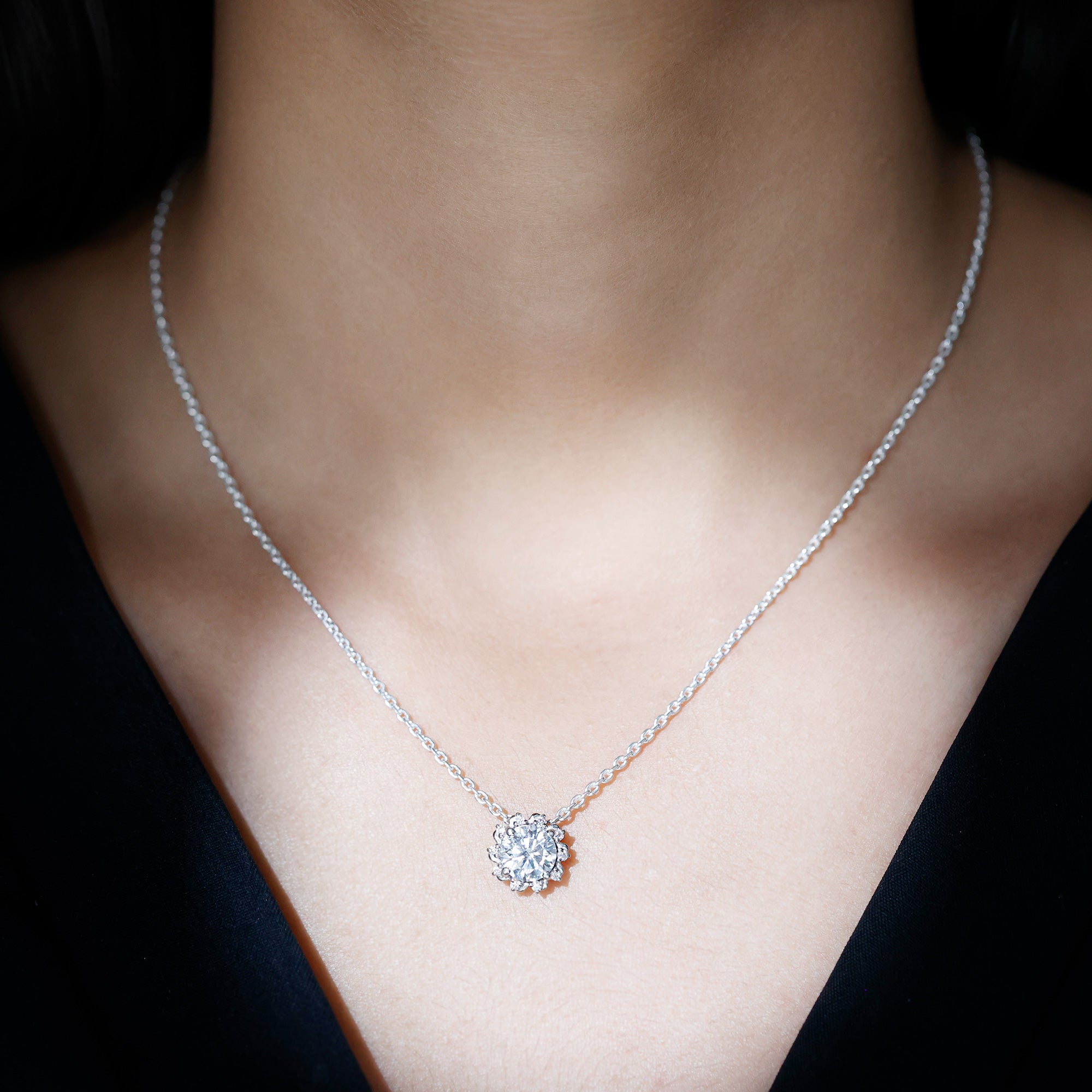 Certified 2 Carat Round Moissanite Sunburst Necklace With Silver Chain D-VS1 92.5 Sterling Silver - Rosec Jewels