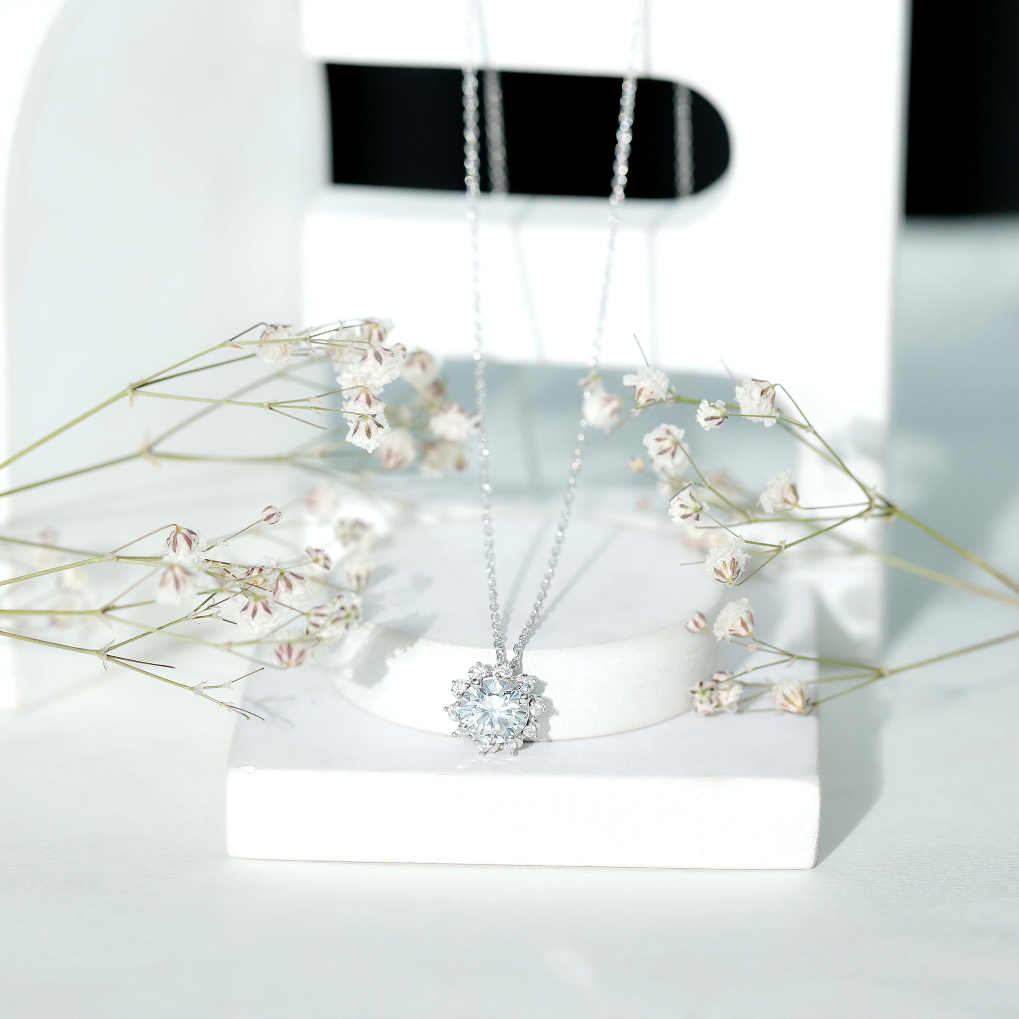 Certified 2 Carat Round Moissanite Sunburst Necklace With Silver Chain D-VS1 92.5 Sterling Silver - Rosec Jewels