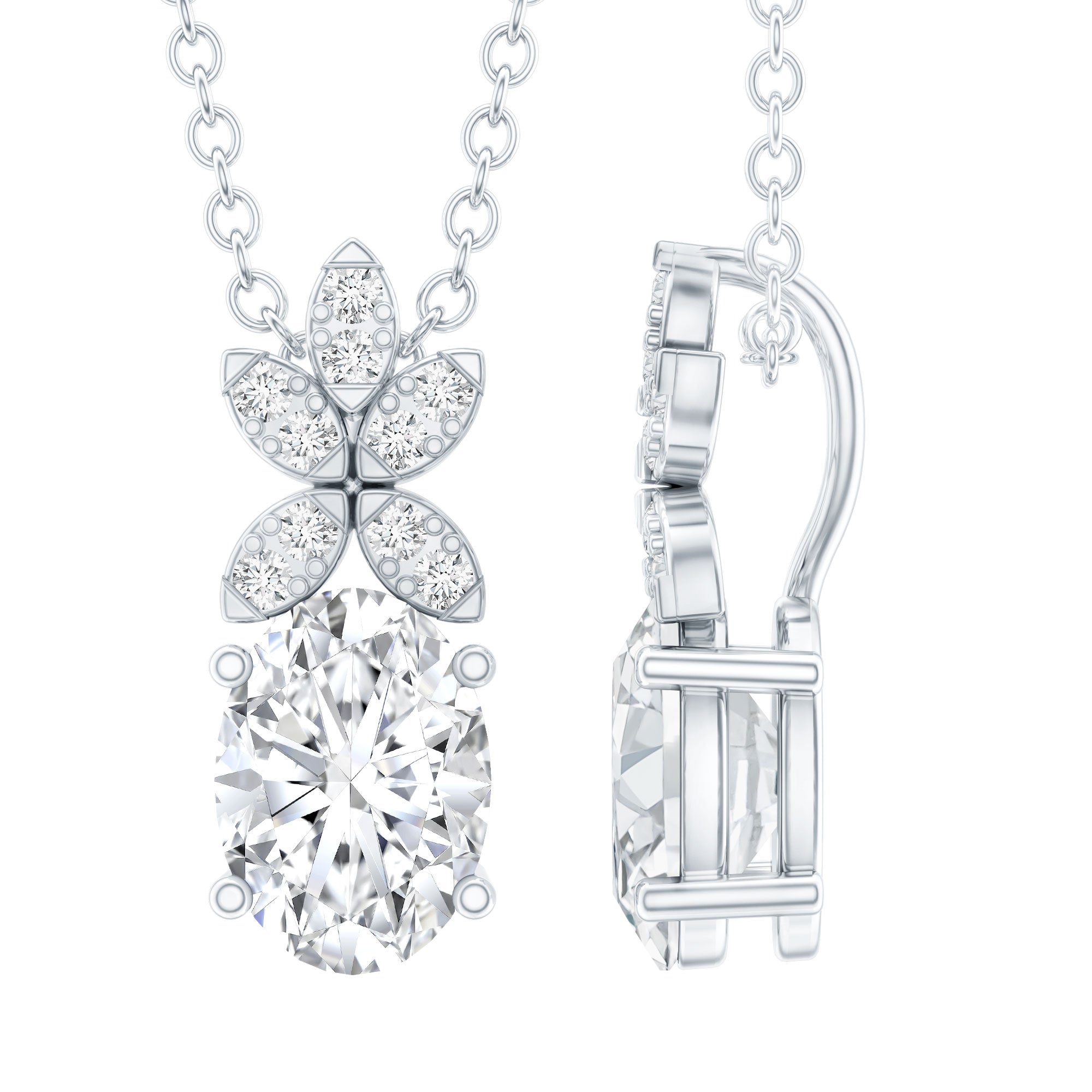 Certified 0.9 Carat Oval Shaped Moissanite Flower Pendant Necklace D-VS1 92.5 Sterling Silver - Rosec Jewels
