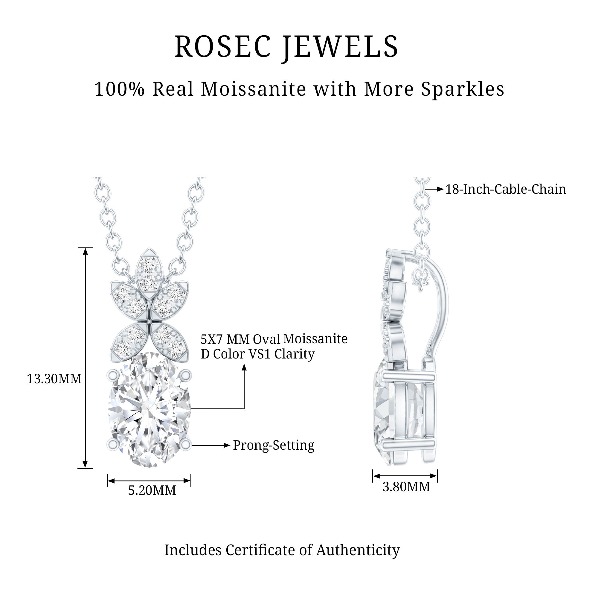 Certified 0.9 Carat Oval Shaped Moissanite Flower Pendant Necklace D-VS1 92.5 Sterling Silver - Rosec Jewels