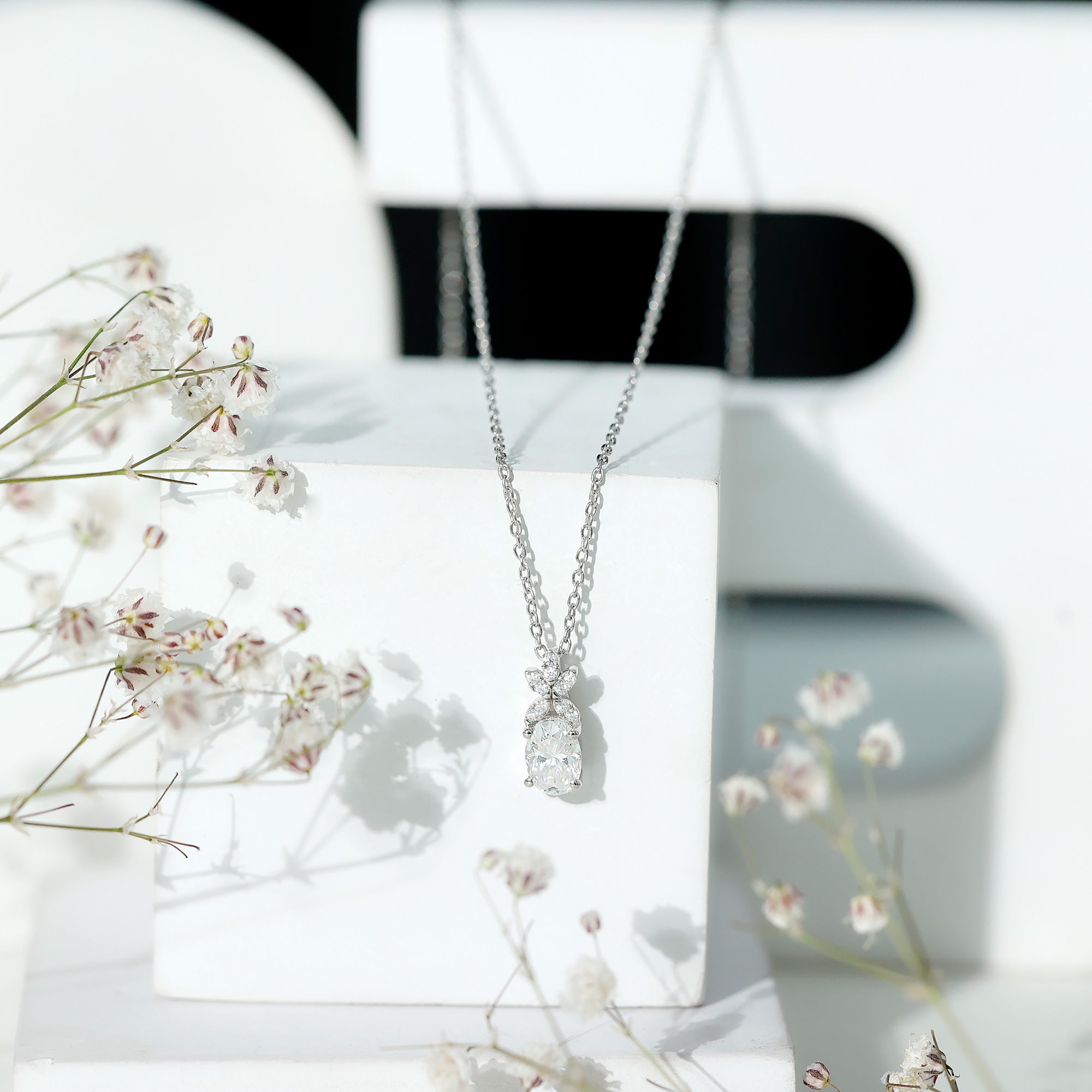 Certified 0.9 Carat Oval Shaped Moissanite Flower Pendant Necklace D-VS1 92.5 Sterling Silver - Rosec Jewels